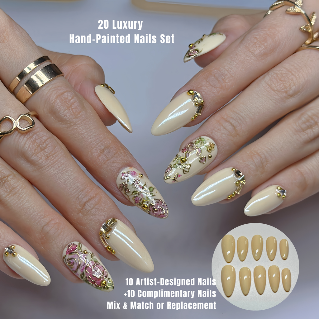 Champagne Gold Press On Nails | Medium Almond Floral 3D Nail Art, Elegant Handmade Reusable Nails | Reusable 20pcs Kit