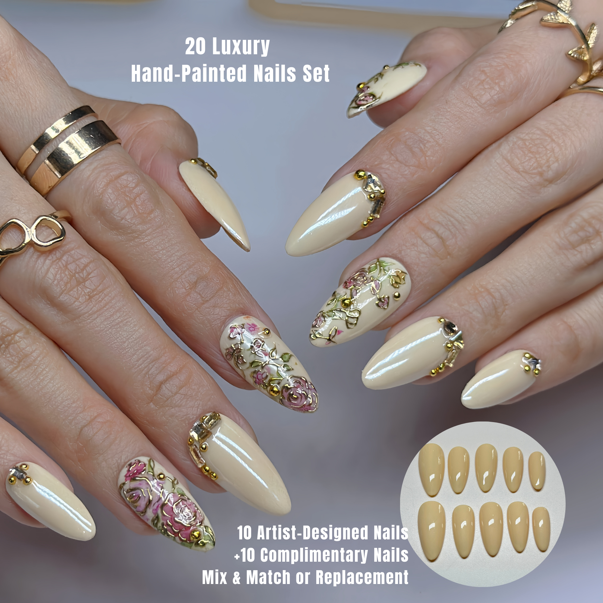 Champagne Gold Press On Nails | Medium Almond Floral 3D Nail Art, Elegant Handmade Reusable Nails | Reusable 20pcs Kit
