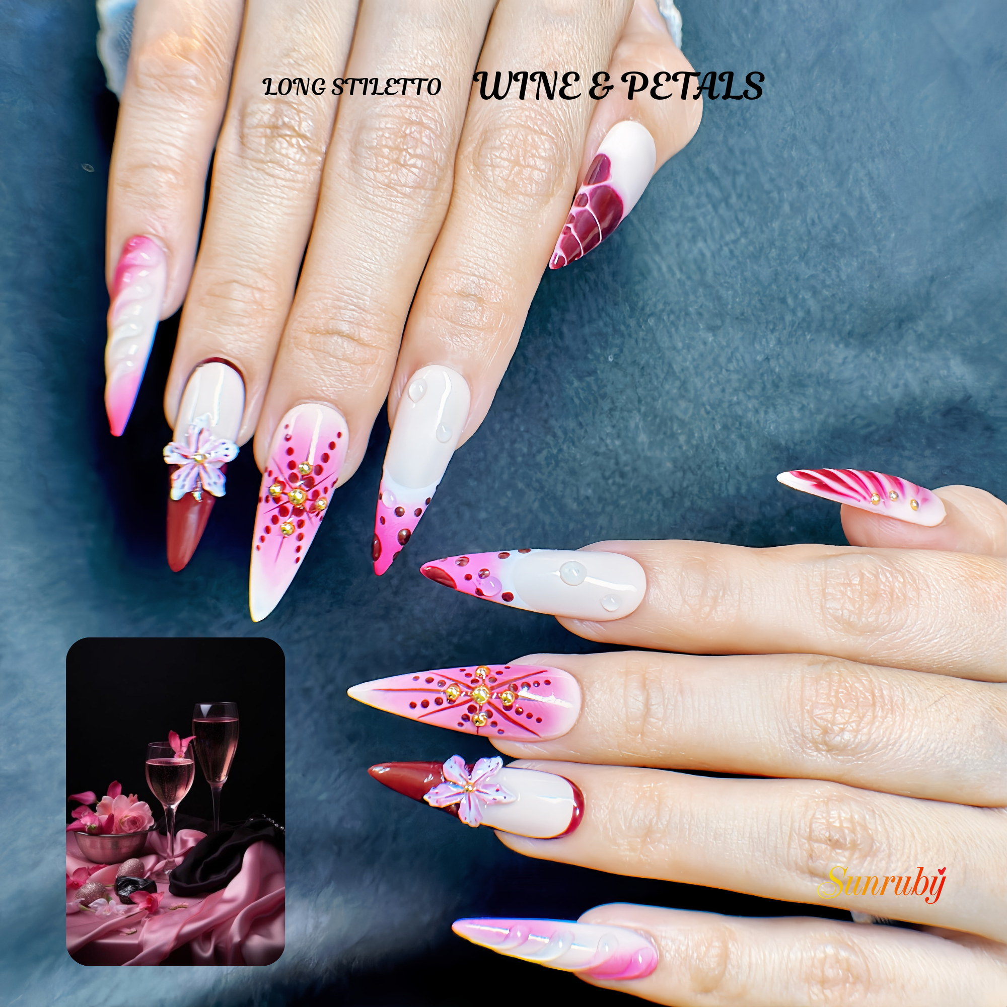 Long Stiletto Hand-Painted Press-On Nails | Luxury Wine Red Ombre with 3D Floral Design | Reusable 20pcs Kit