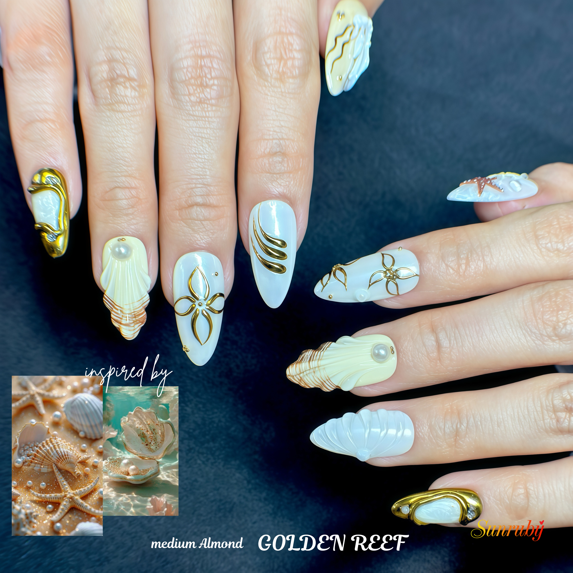Hand-Painted Luxury GOLDEN REEF-Ocean Vibes Press On Nails | 3D Seashell | Medium Almond  | Reusable 20pcs Kit