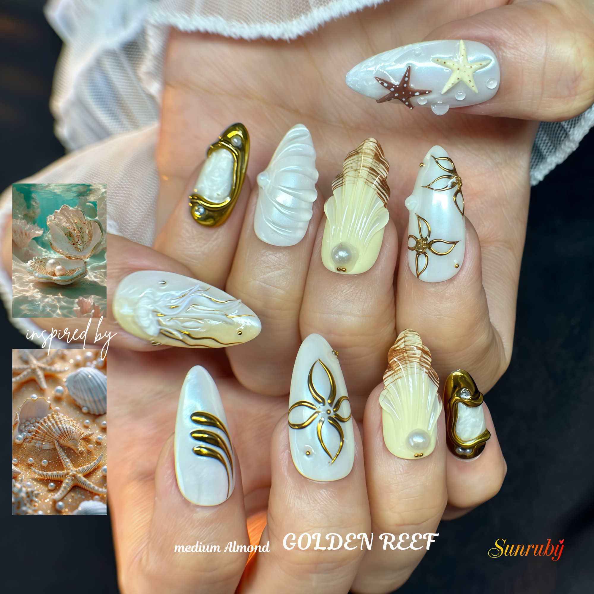 Hand-Painted Luxury GOLDEN REEF-Ocean Vibes Press On Nails | 3D Seashell | Medium Almond  | Reusable 20pcs Kit