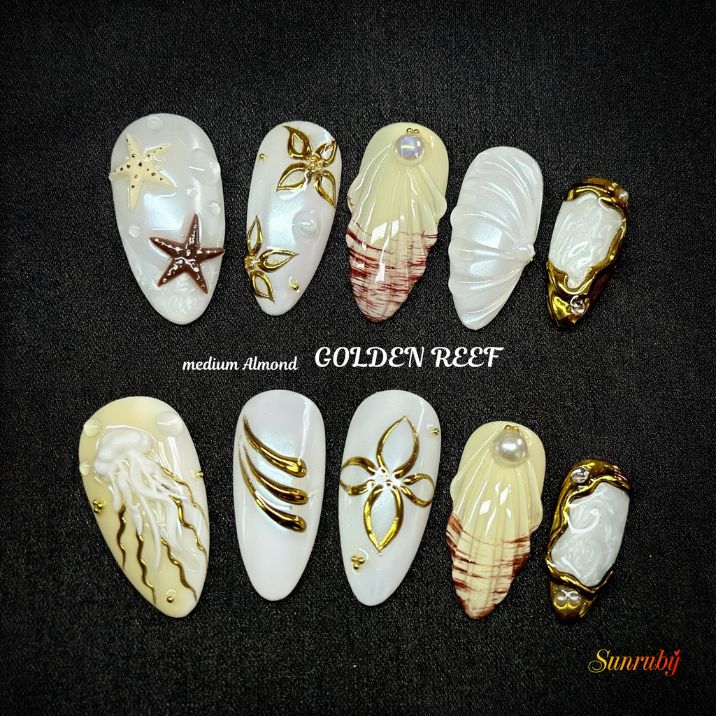 Hand-Painted Luxury GOLDEN REEF-Ocean Vibes Press On Nails | 3D Seashell | Medium Almond  | Reusable 20pcs Kit
