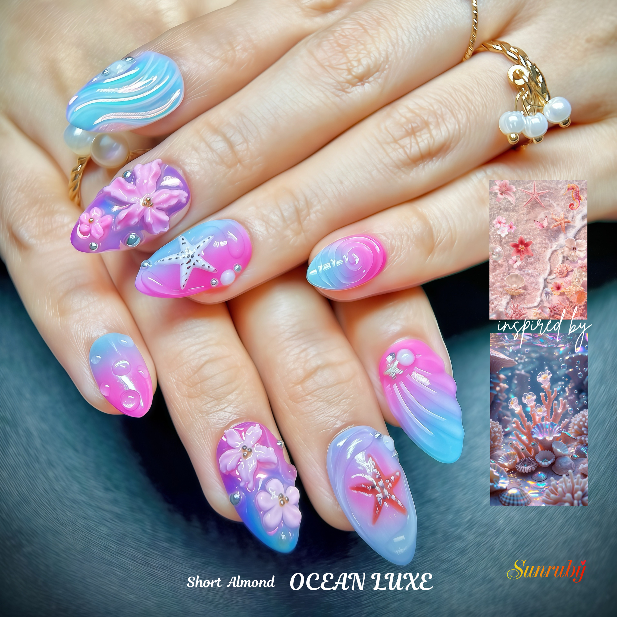 Short Almond Ocean Luxe Press-On Nails | Blue, Pink 3D Sea, Starfish, Floral Design | Hand-Painted, Reusable 20pcs Kit