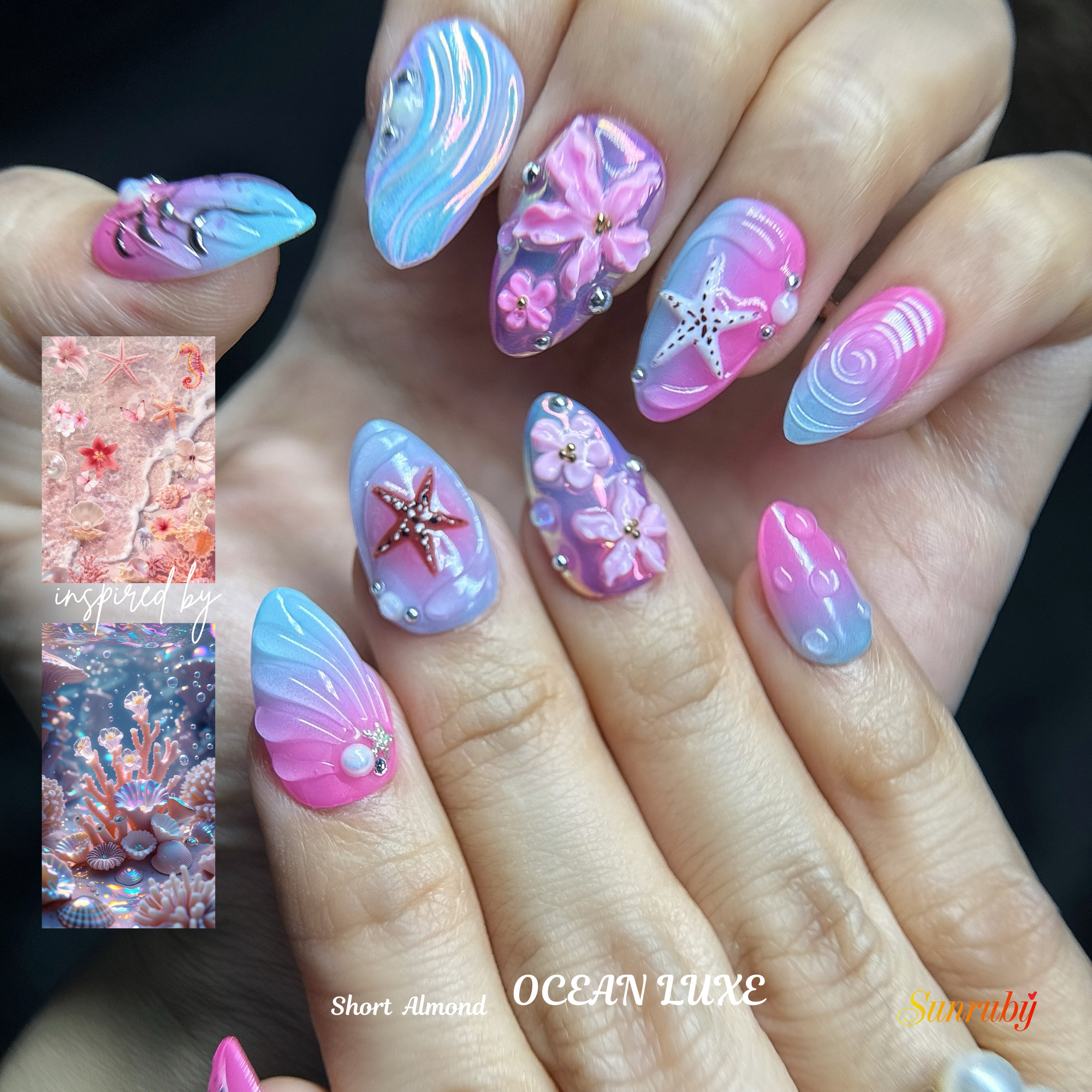 Short Almond Ocean Luxe Press-On Nails | Blue, Pink 3D Sea, Starfish, Floral Design | Hand-Painted, Reusable 20pcs Kit