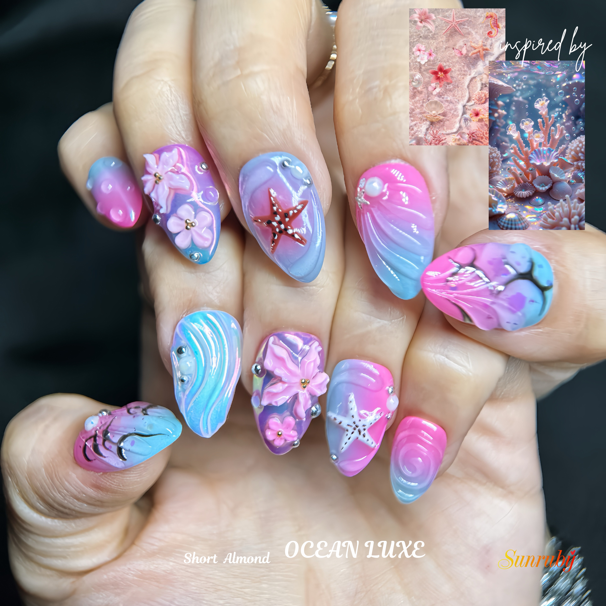 Short Almond Ocean Luxe Press-On Nails | Blue, Pink 3D Sea, Starfish, Floral Design | Hand-Painted, Reusable 20pcs Kit