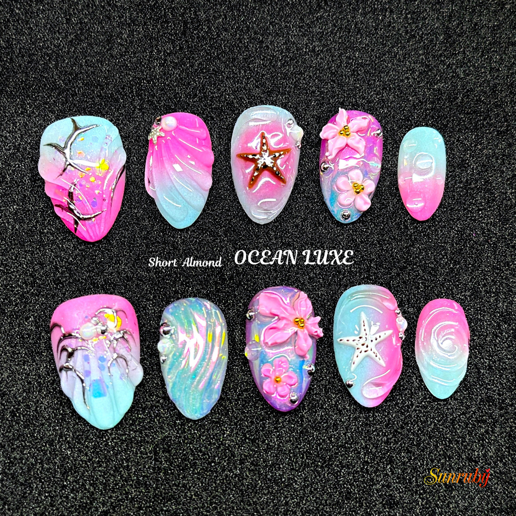 Short Almond Ocean Luxe Press-On Nails | Blue, Pink 3D Sea, Starfish, Floral Design | Hand-Painted, Reusable 20pcs Kit