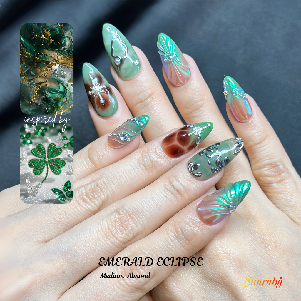 Medium Almond Hand-Painted Press-On Nails | Luxury Emerald Green Marble with 3D Rhinestones and Chrome | Reusable 20pcs Kit