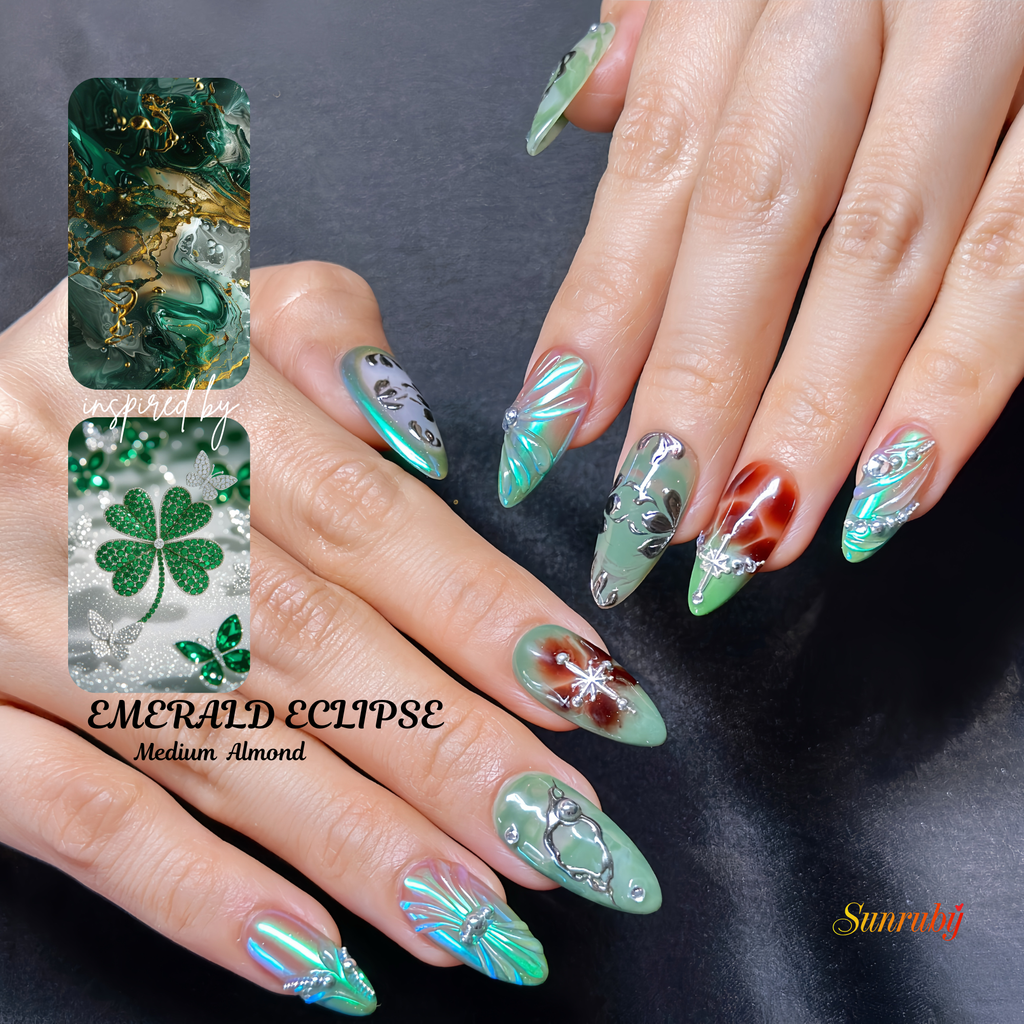 Medium Almond Hand-Painted Press-On Nails | Luxury Emerald Green Marble with 3D Rhinestones and Chrome | Reusable 20pcs Kit