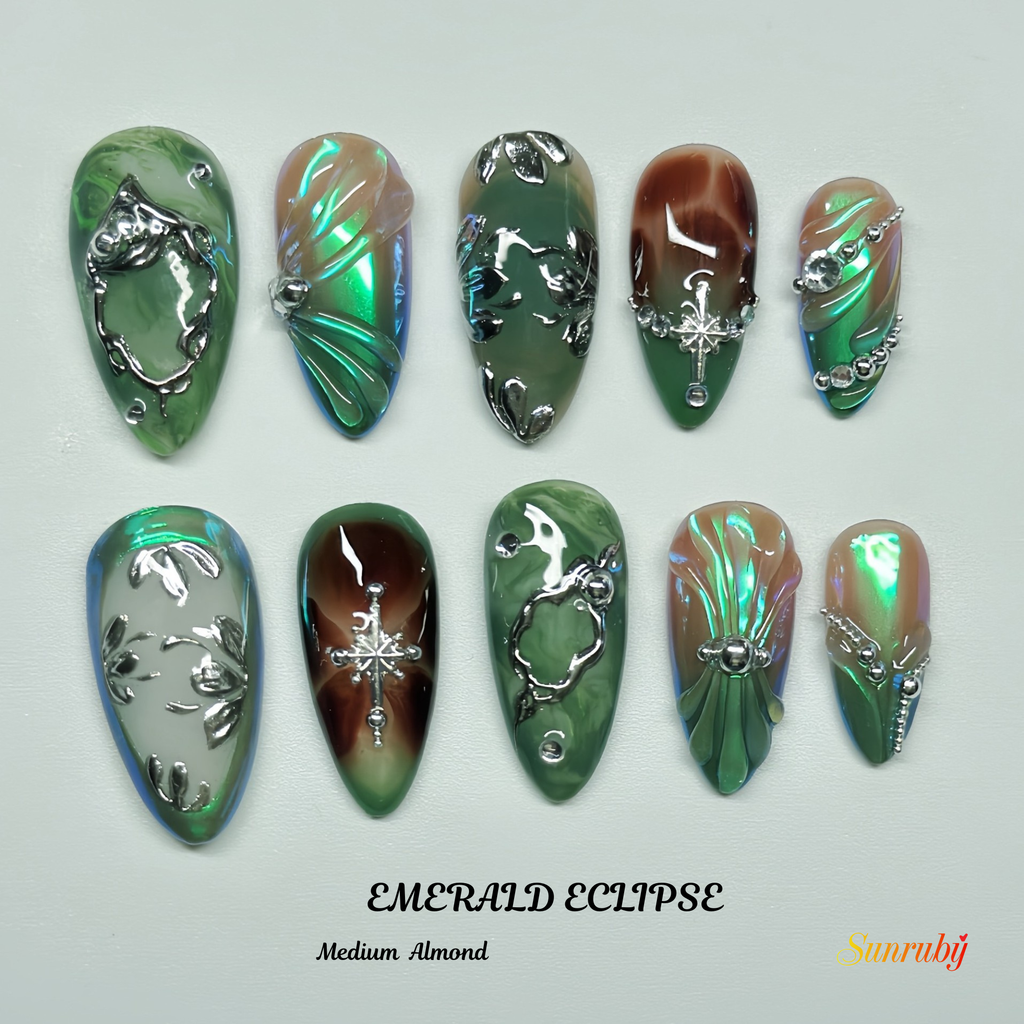 Medium Almond Hand-Painted Press-On Nails | Luxury Emerald Green Marble with 3D Rhinestones and Chrome | Reusable 20pcs Kit