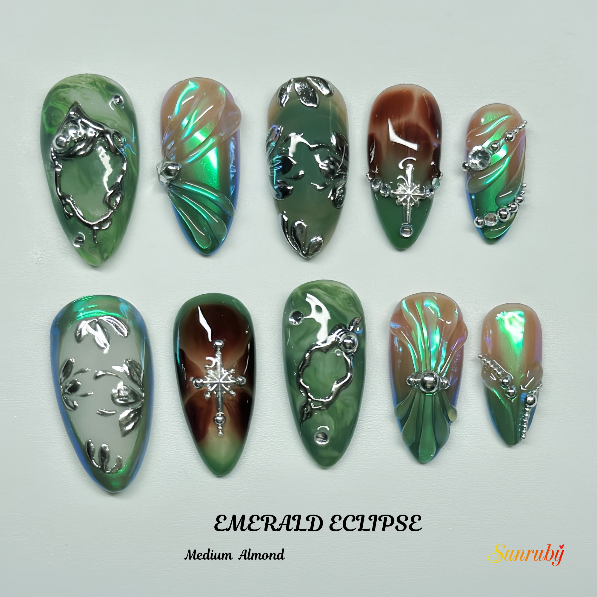 Medium Almond Hand-Painted Press-On Nails | Luxury Emerald Green Marble with 3D Rhinestones and Chrome | Reusable 20pcs Kit