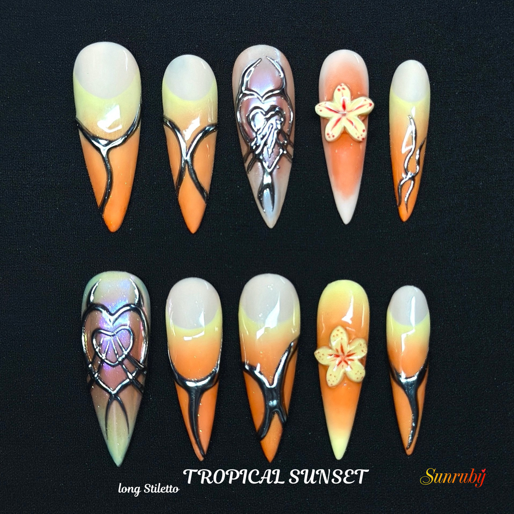 Long Stiletto Hand-Painted Press-On Nails | Luxury Tropical Sunset Ombre with 3D Floral Design | Reusable 20pcs Kit