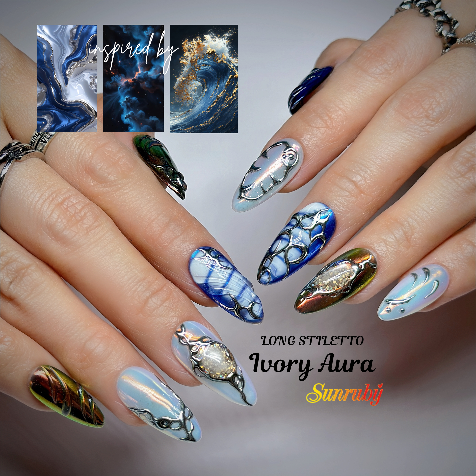 Handmade Luxury Press On Nails | Medium Almond Galaxy Blue Silver Nail Art | Nebula Chrome | Cosmic & Abstract nails | Reusable 20pcs Kit