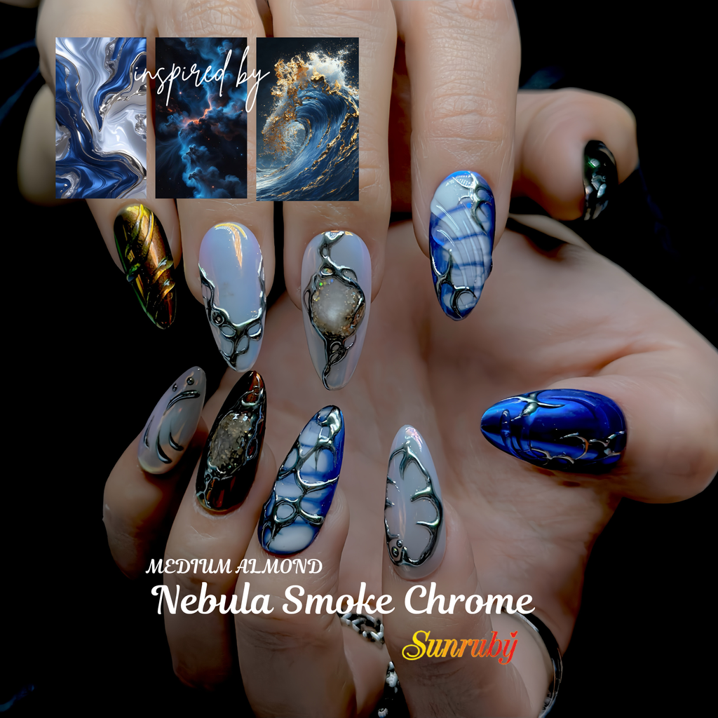 Handmade Luxury Press On Nails | Medium Almond Galaxy Blue Silver Nail Art | Nebula Chrome | Cosmic & Abstract nails | Reusable 20pcs Kit