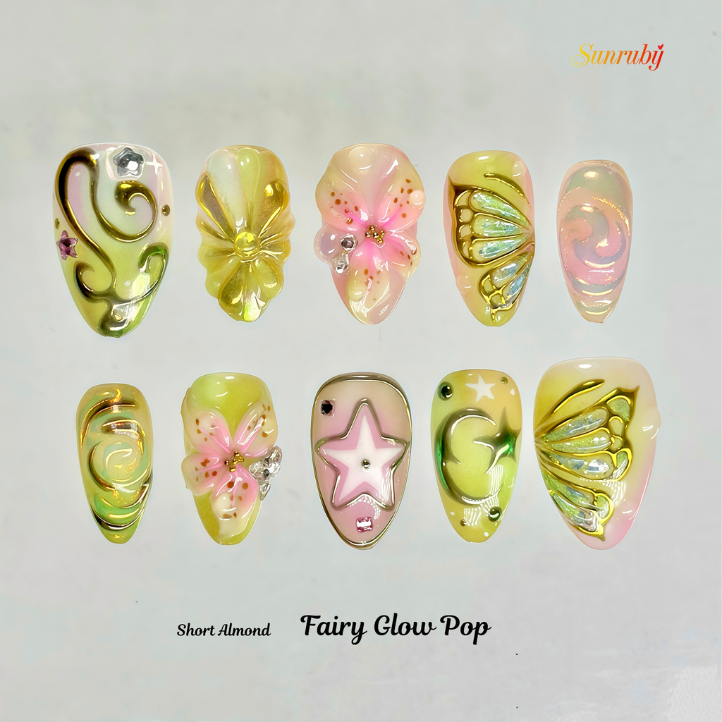 Fairy Glow Pop – Short Almond Press-On Nails ✨🌸 | 3D Gel Art, Gold Chrome Details |  Reusable 20pcs Kit