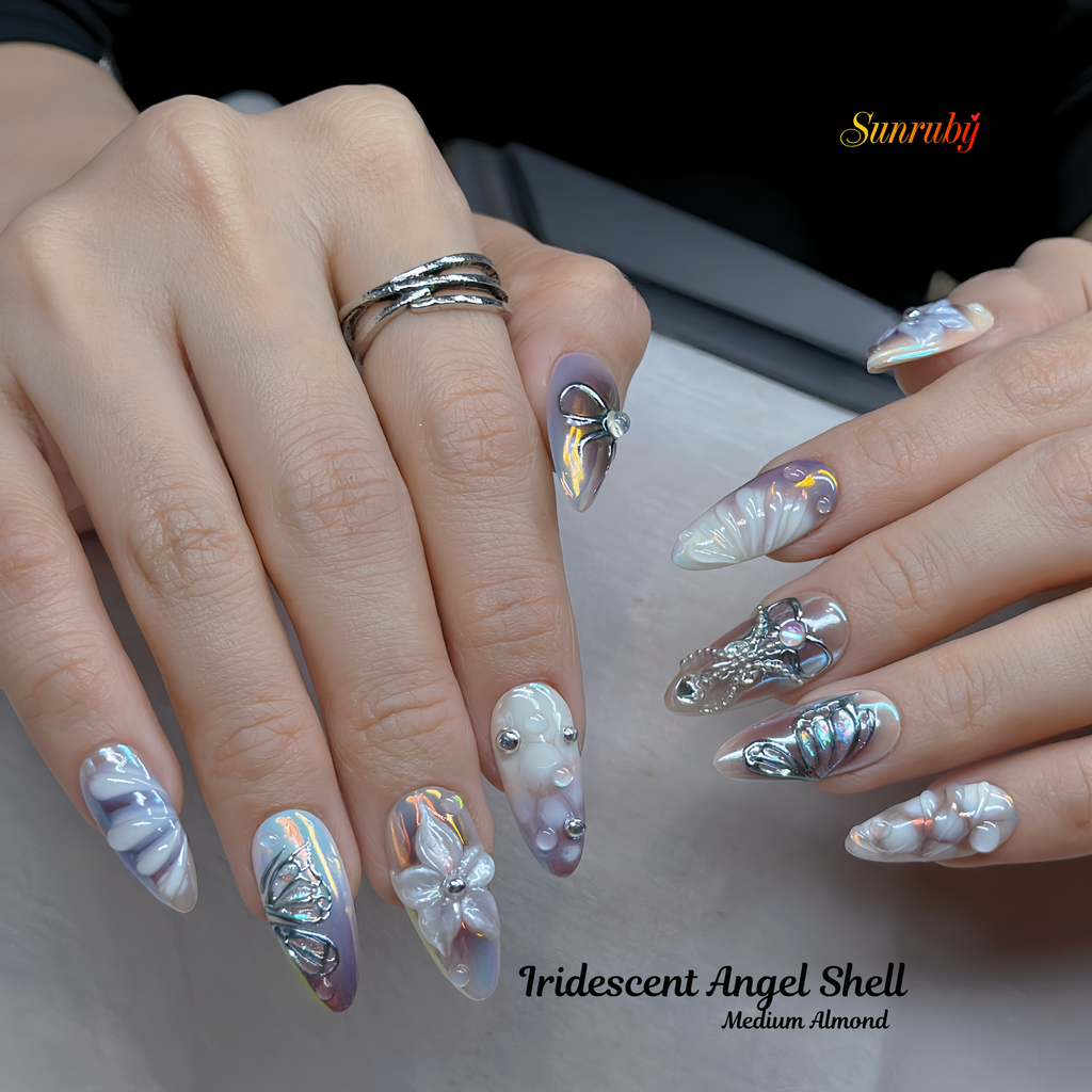 Iridescent Angel Shell Press-On Nails – Medium Almond Pearl Chrome Set, 3D Flower & Butterfly Design, Ocean-Inspired Glossy Nails| Hand-Painted, Reusable 20pcs Kit