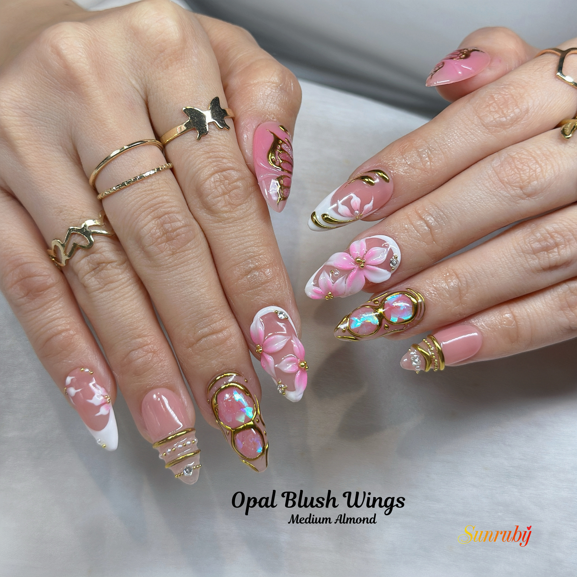 Opal Blush Wings – Medium Almond Press-On Nails 💖✨ | 3D Floral, Opal Chrome & Gold Detail |  Reusable 20pcs Kit