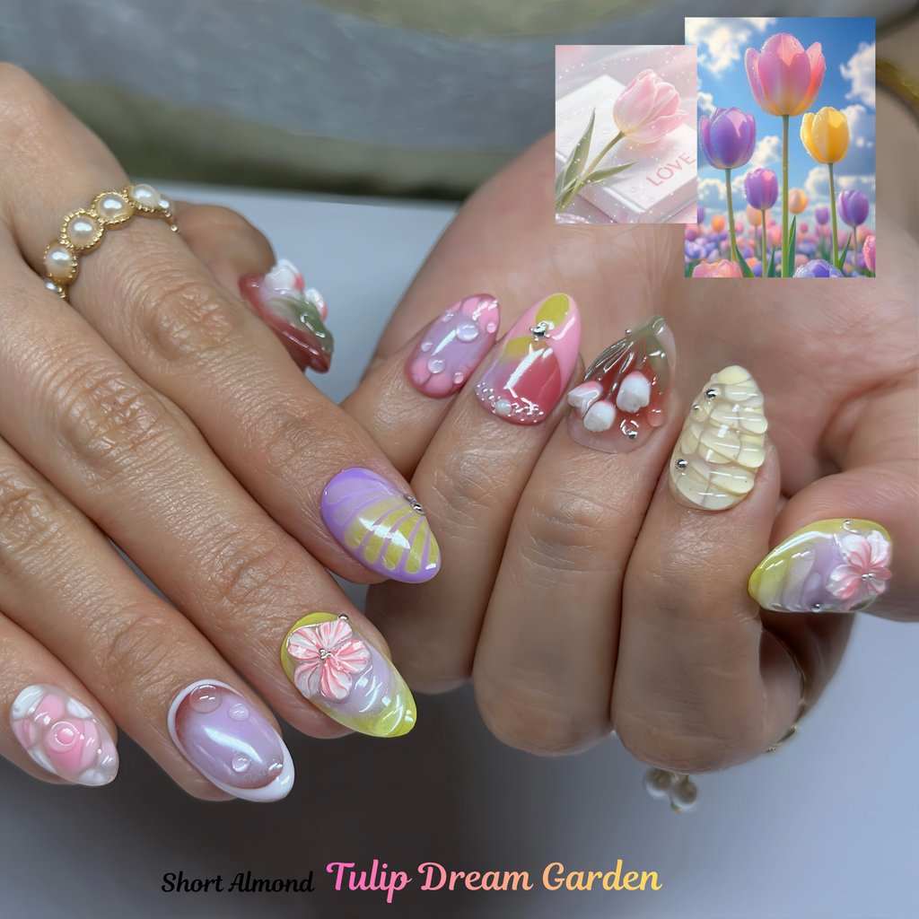 Tulip Dream Garden Press-On Nails – Short Almond Pastel Floral Set, 3D Flower Gel Design,Gradient Cute Nails | Hand-Painted, Reusable 20pcs Kit