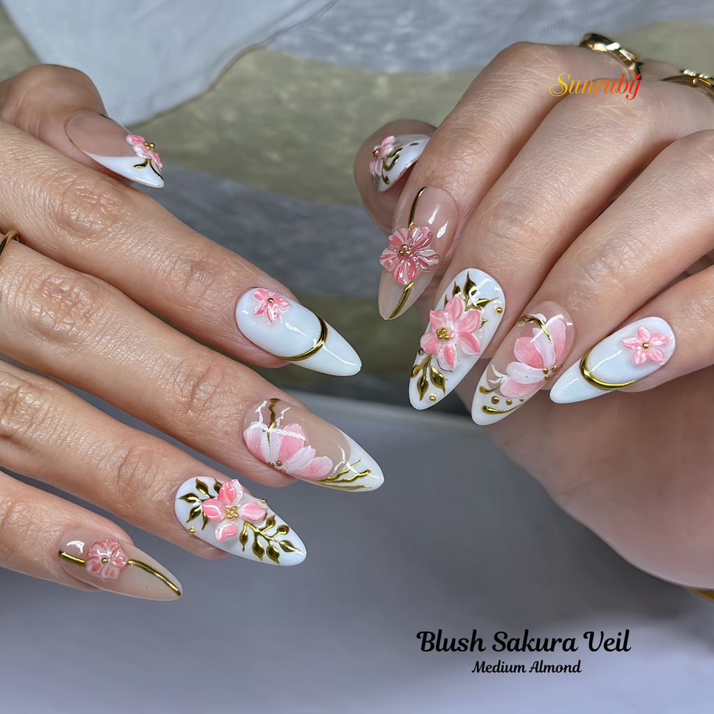Blush Sakura Veil Press-On Nails –  Almond Nude Pink Set, 3D Cherry Blossom Floral Design, Gold Line Art Elegant Nails| Hand-Painted, Reusable 20pcs Kit