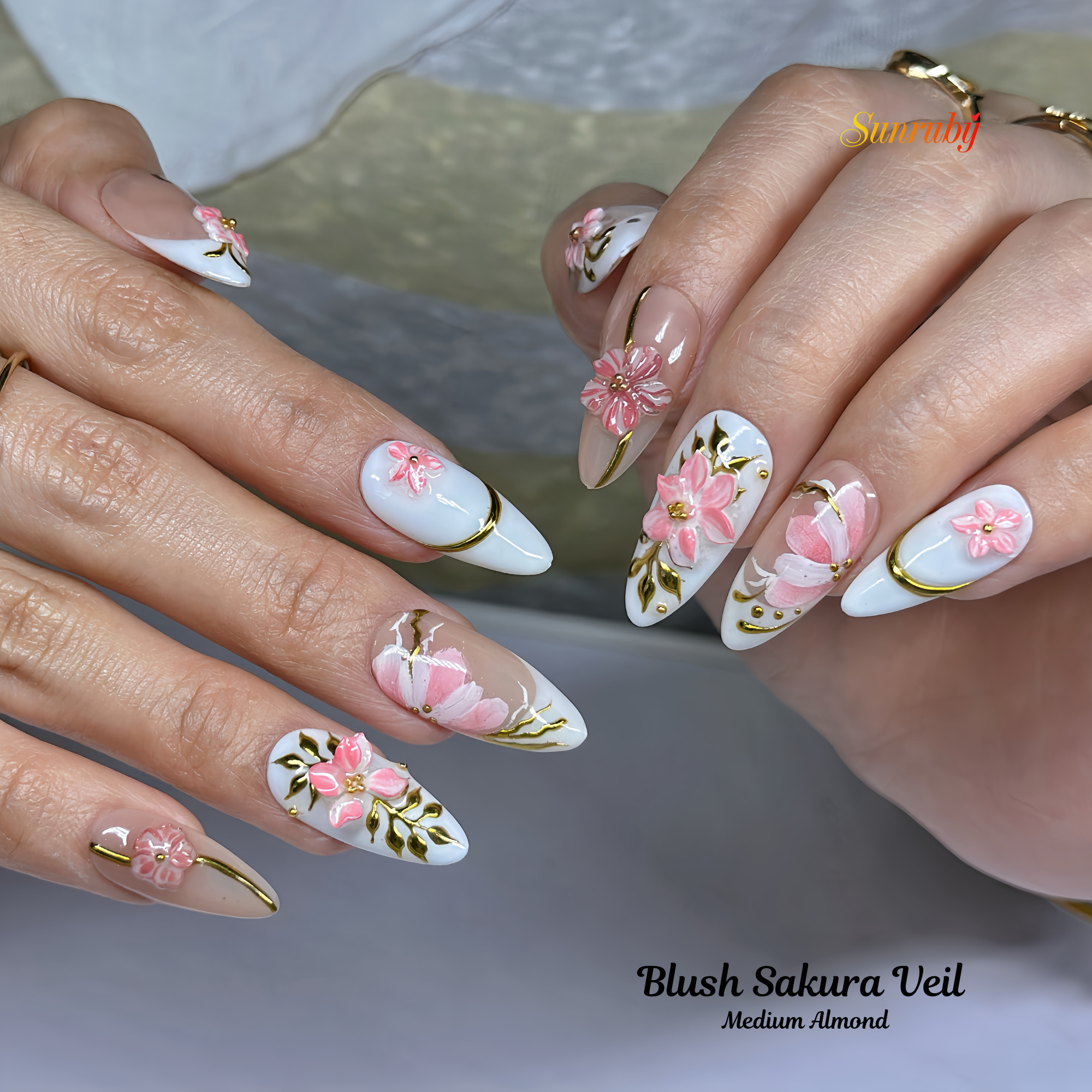 Blush Sakura Veil Press-On Nails –  Almond Nude Pink Set, 3D Cherry Blossom Floral Design, Gold Line Art Elegant Nails| Hand-Painted, Reusable 20pcs Kit