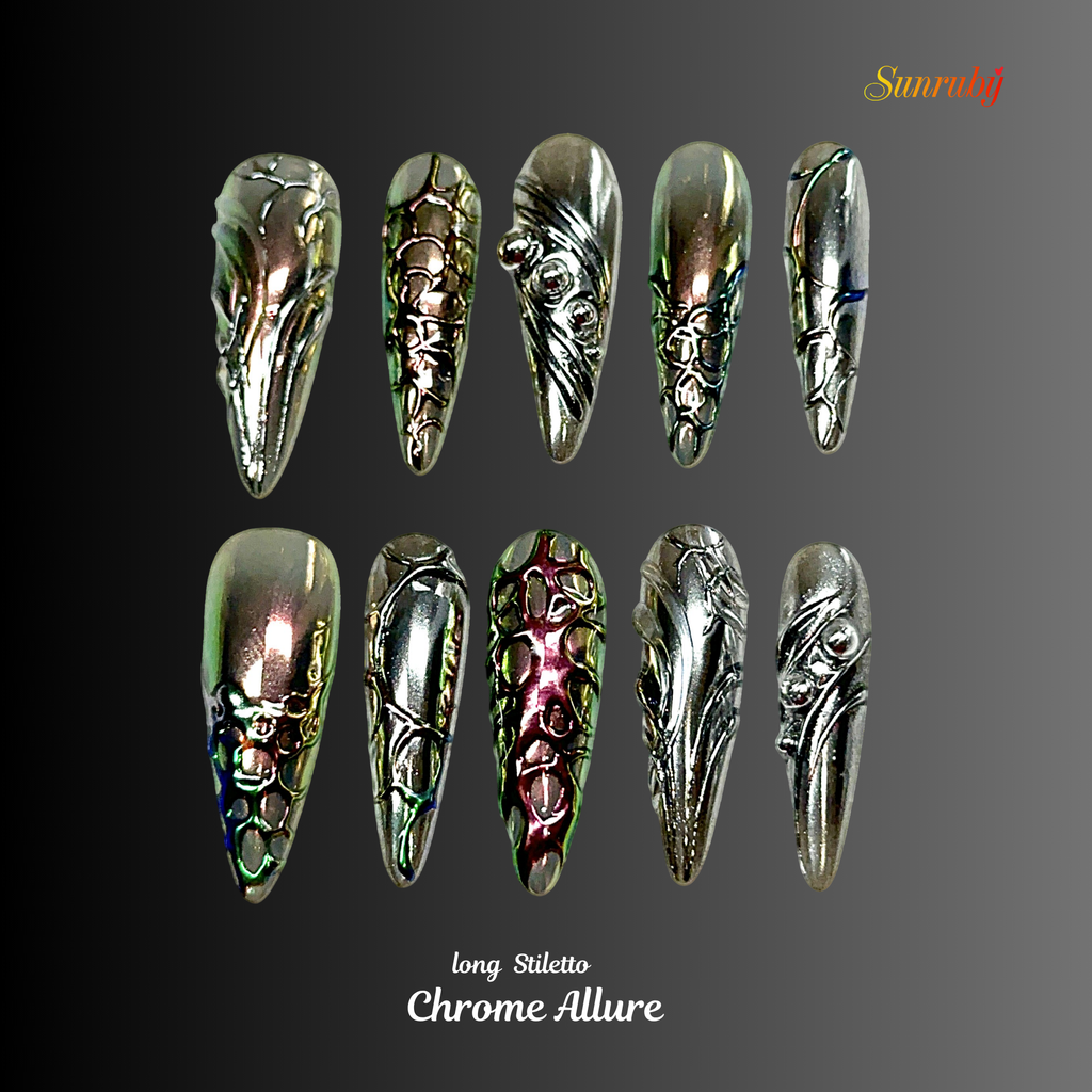 Long Stiletto Press On Nails | Dark Chrome 3D Sculpted Nail Art | Luxury Handmade Reusable Nails |Statement Gothic Nails |Reusable 20pcs Kit