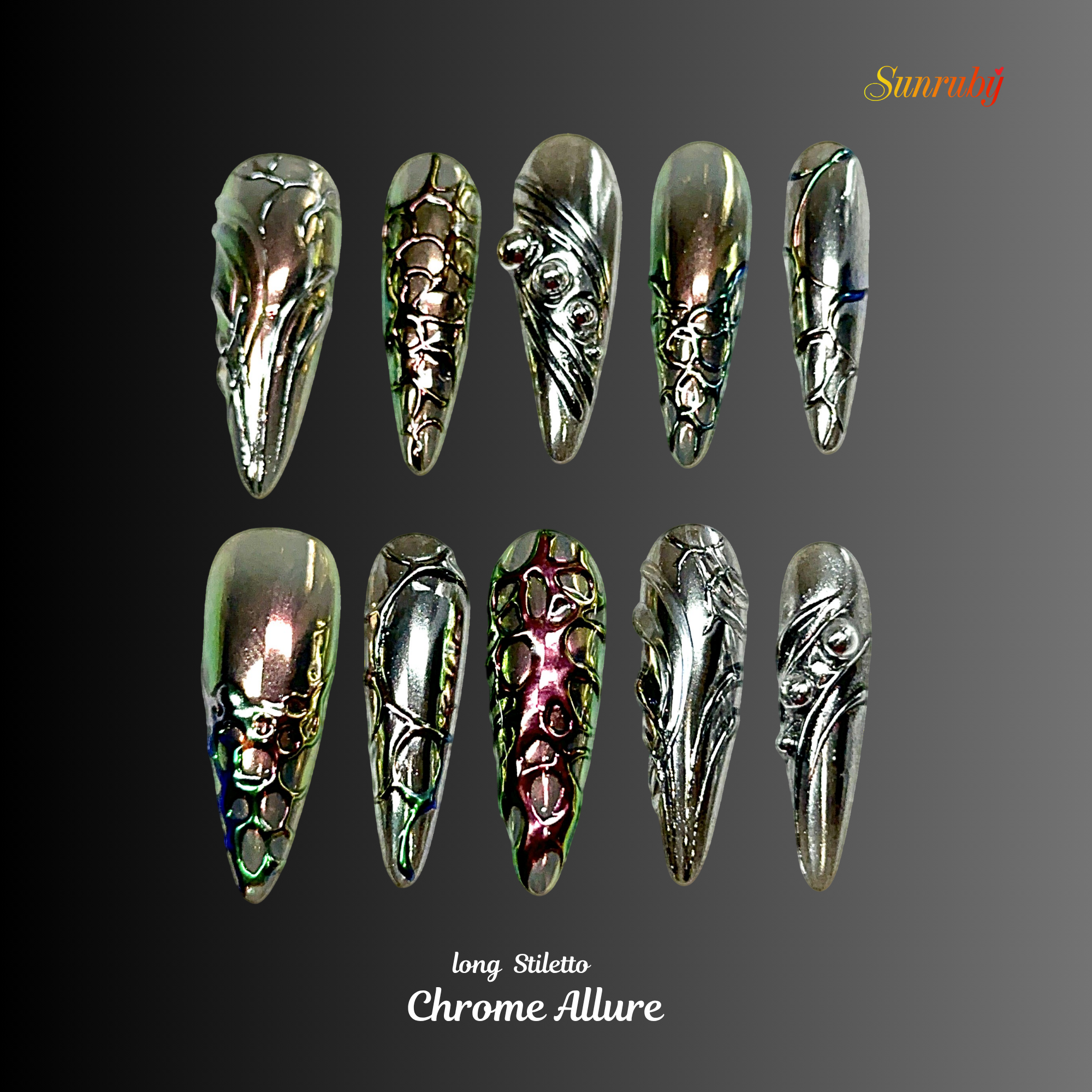 Long Stiletto Press On Nails | Dark Chrome 3D Sculpted Nail Art | Luxury Handmade Reusable Nails |Statement Gothic Nails |Reusable 20pcs Kit