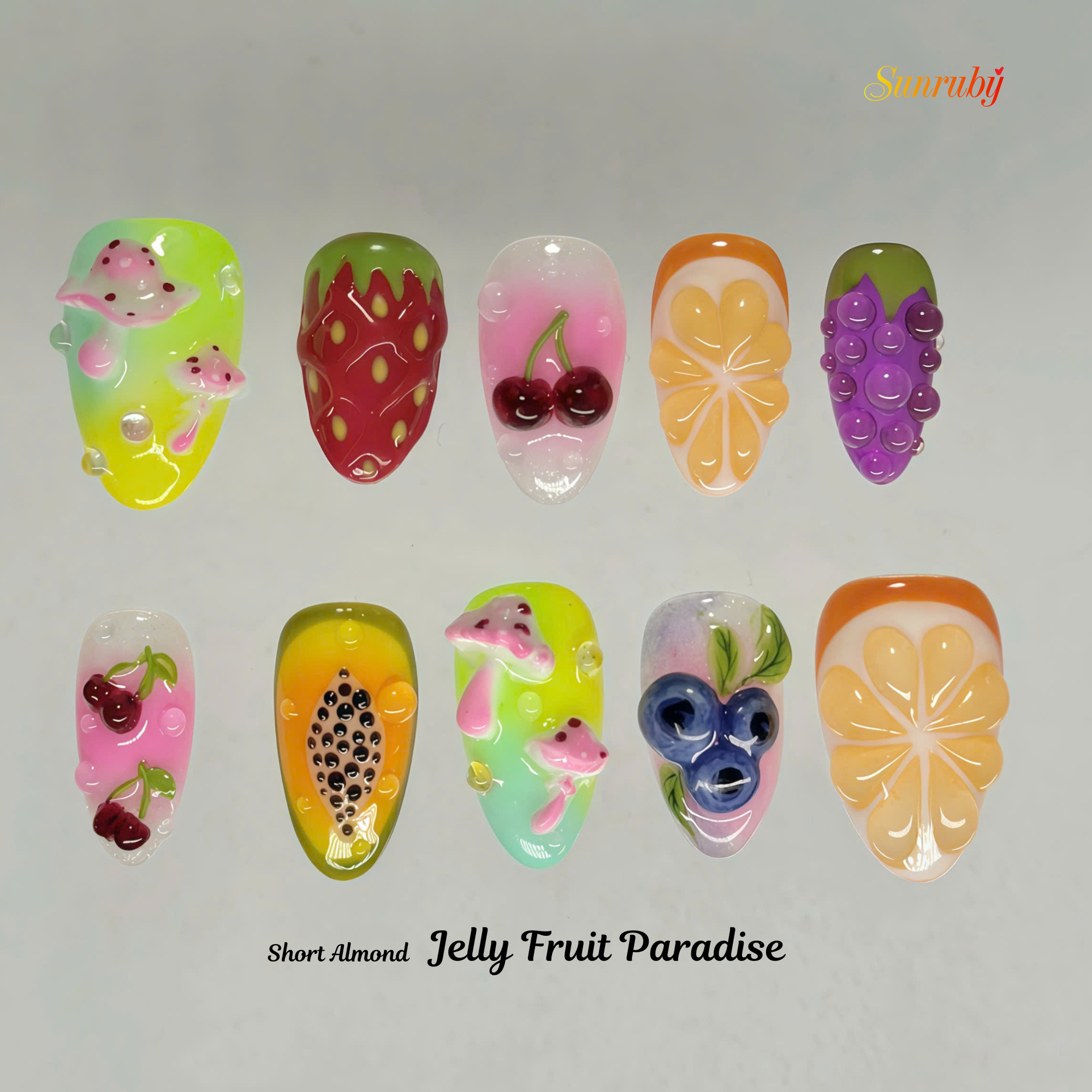 Short Almond Press-On Nails – Jelly Fruit Paradise | Handmade 3D Fruit Gel Set 🍒✨ |  Reusable 20pcs Kit