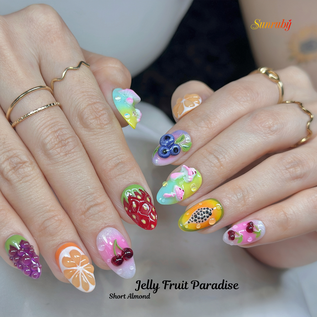 Short Almond Press-On Nails – Jelly Fruit Paradise | Handmade 3D Fruit Gel Set 🍒✨ |  Reusable 20pcs Kit