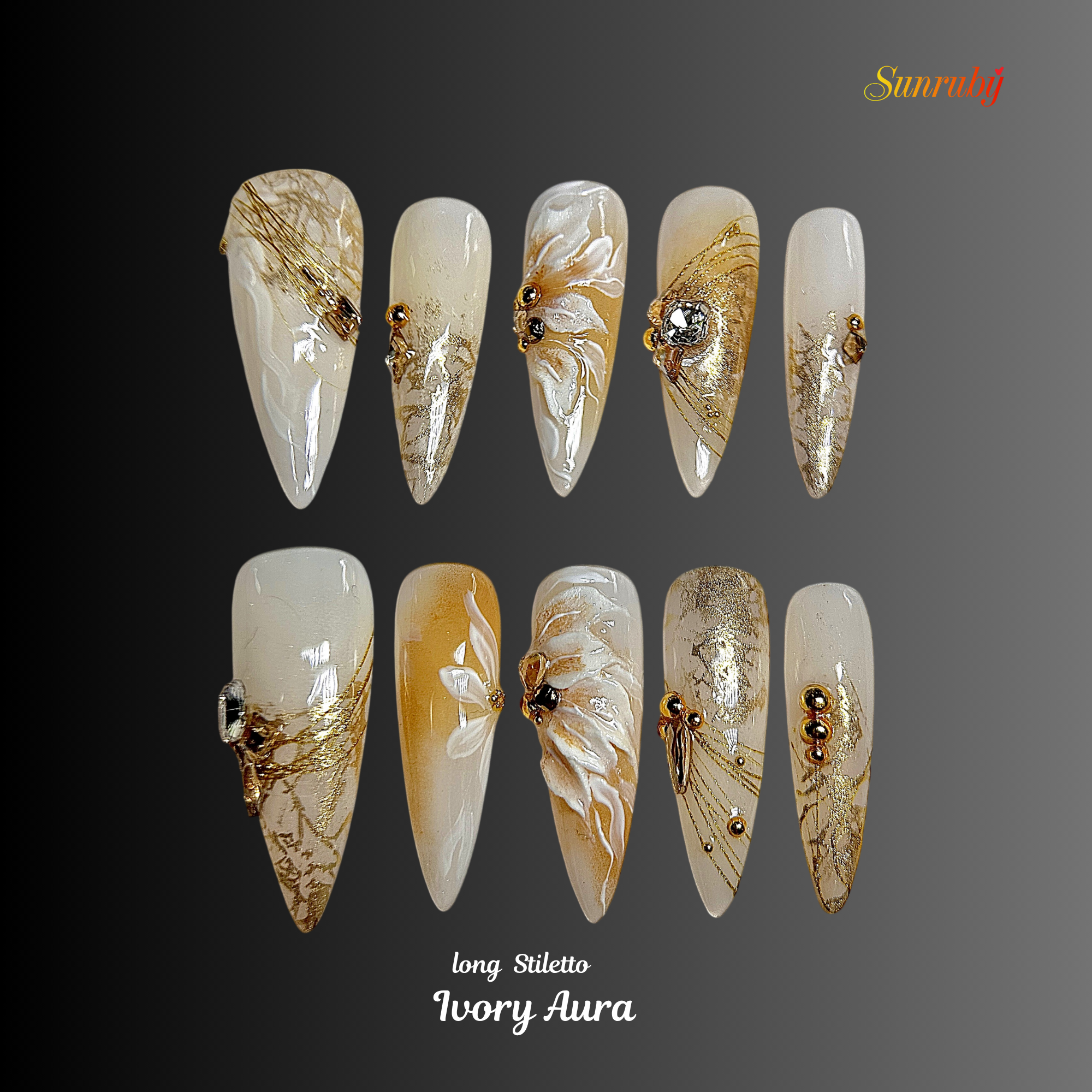 Long Stiletto Press On Nails | Luxury Ivory & Gold 3D Floral Nail Art | Handmade Bridal Press On Nails | Elegant nails | Reusable 20pcs Kit