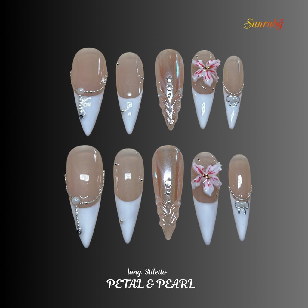 Long Stiletto Hand-Painted Press-On Nails | Luxury 3D Floral Pearl with Rhinestone French Tips | Reusable 20pcs Kit