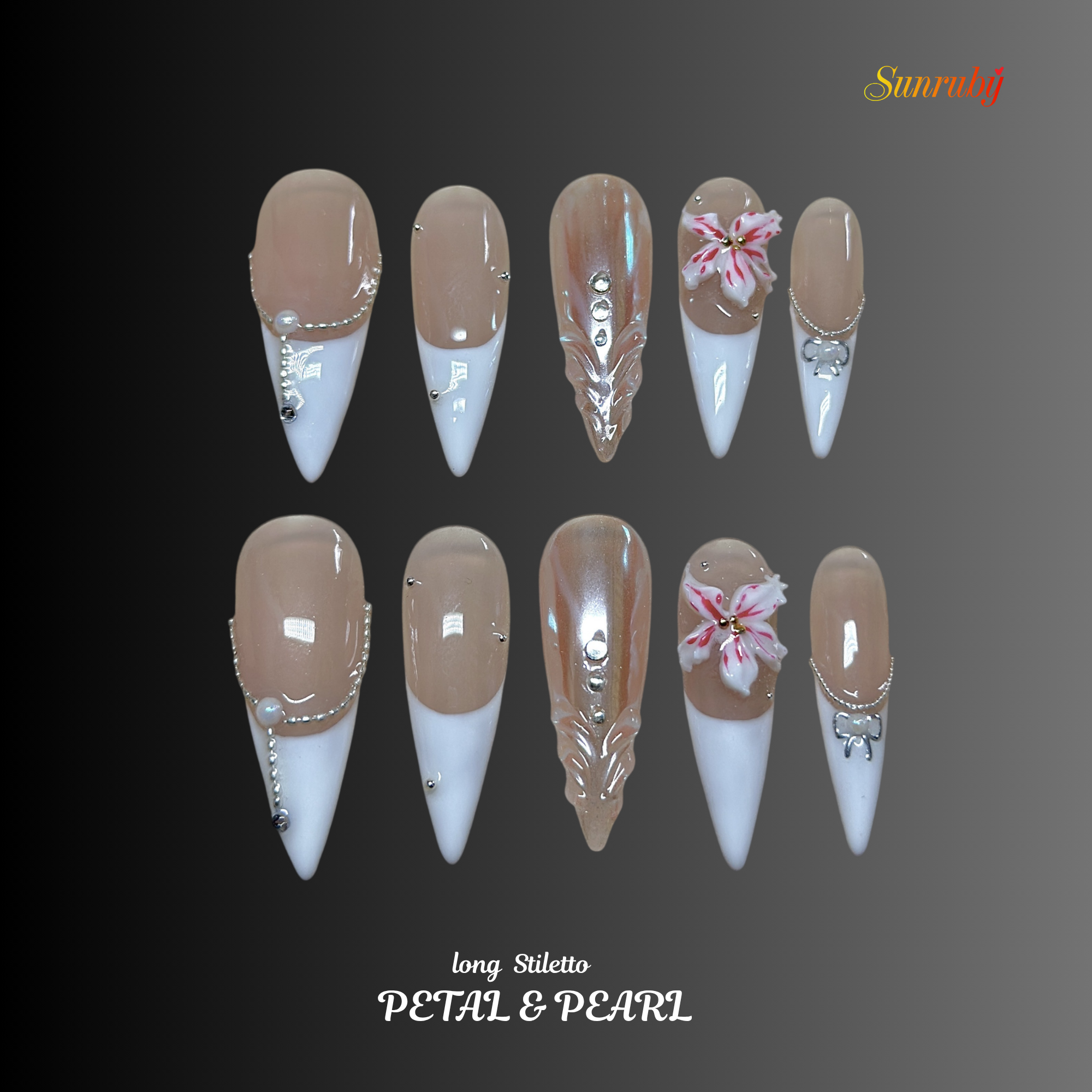 Long Stiletto Hand-Painted Press-On Nails | Luxury 3D Floral Pearl with Rhinestone French Tips | Reusable 20pcs Kit