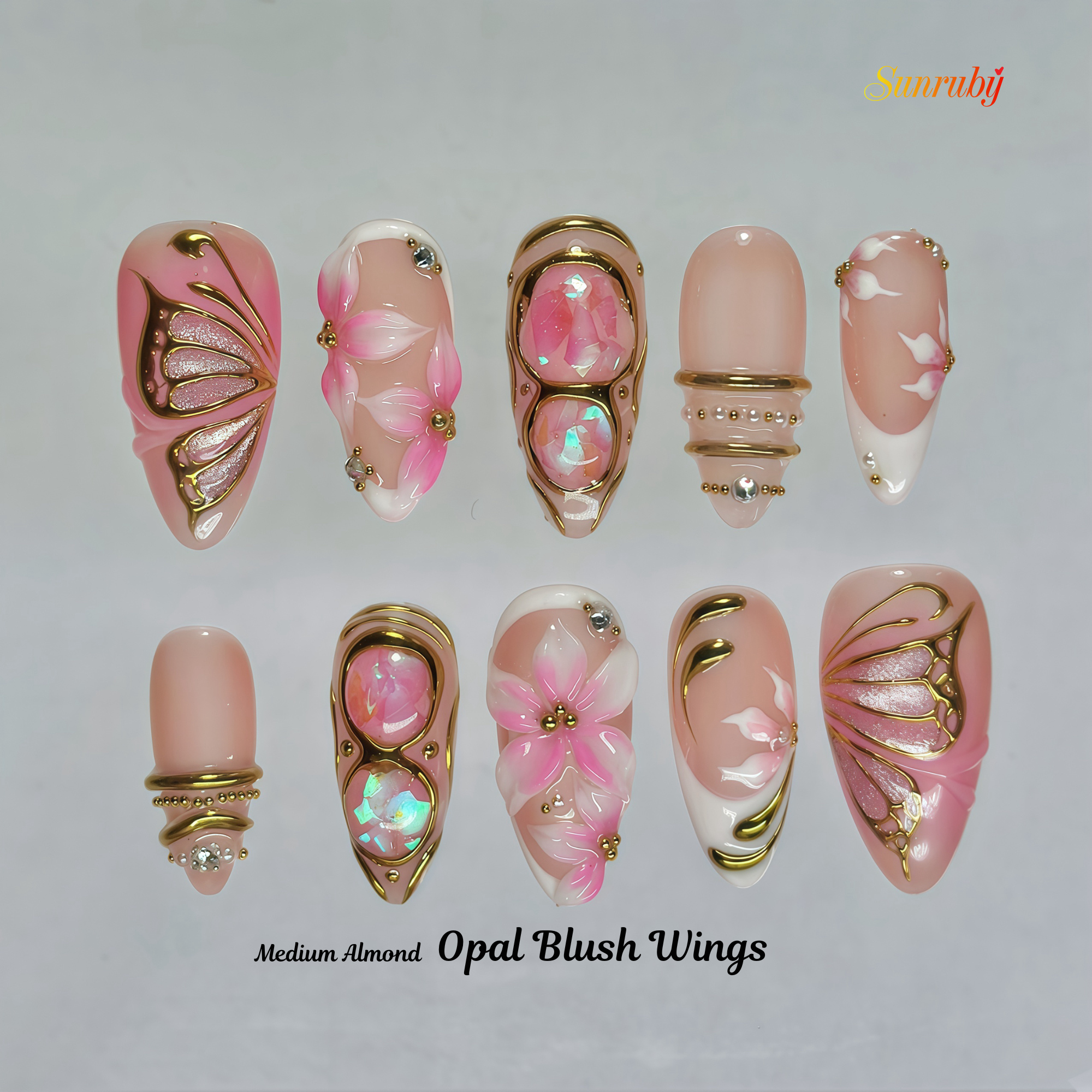 Opal Blush Wings – Medium Almond Press-On Nails 💖✨ | 3D Floral, Opal Chrome & Gold Detail |  Reusable 20pcs Kit