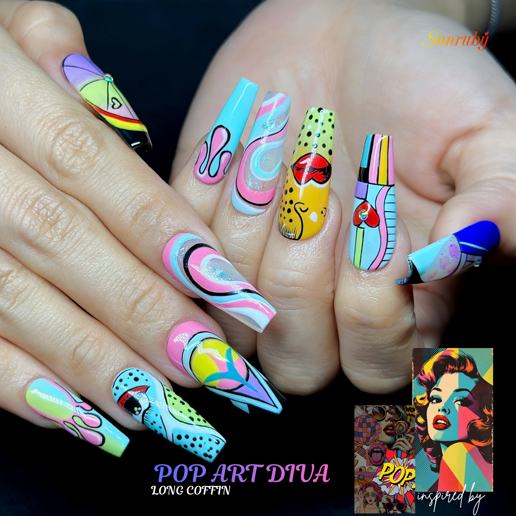 Long Coffin Hand-Painted Press-On Nails | Luxury Pastel Pop-Art Design | Reusable 20pcs Kit