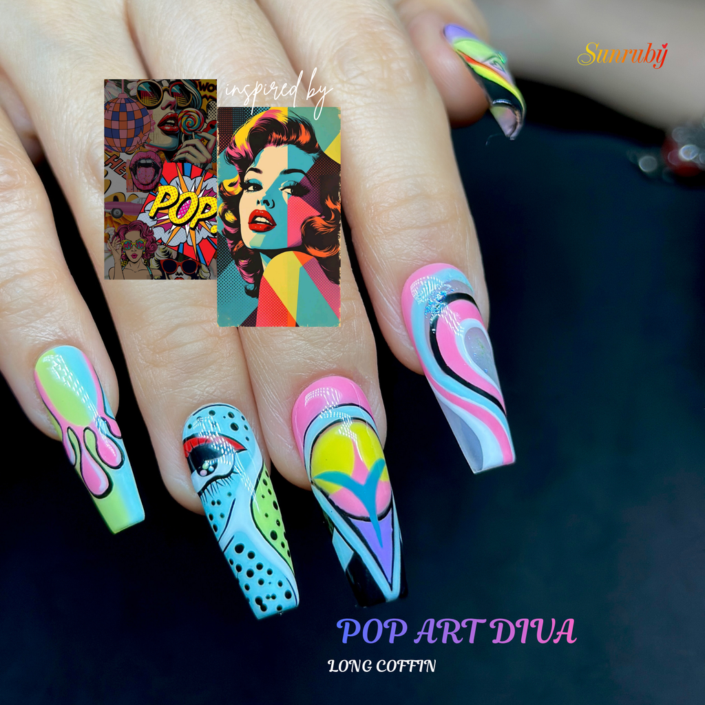 Long Coffin Hand-Painted Press-On Nails | Luxury Pastel Pop-Art Design | Reusable 20pcs Kit