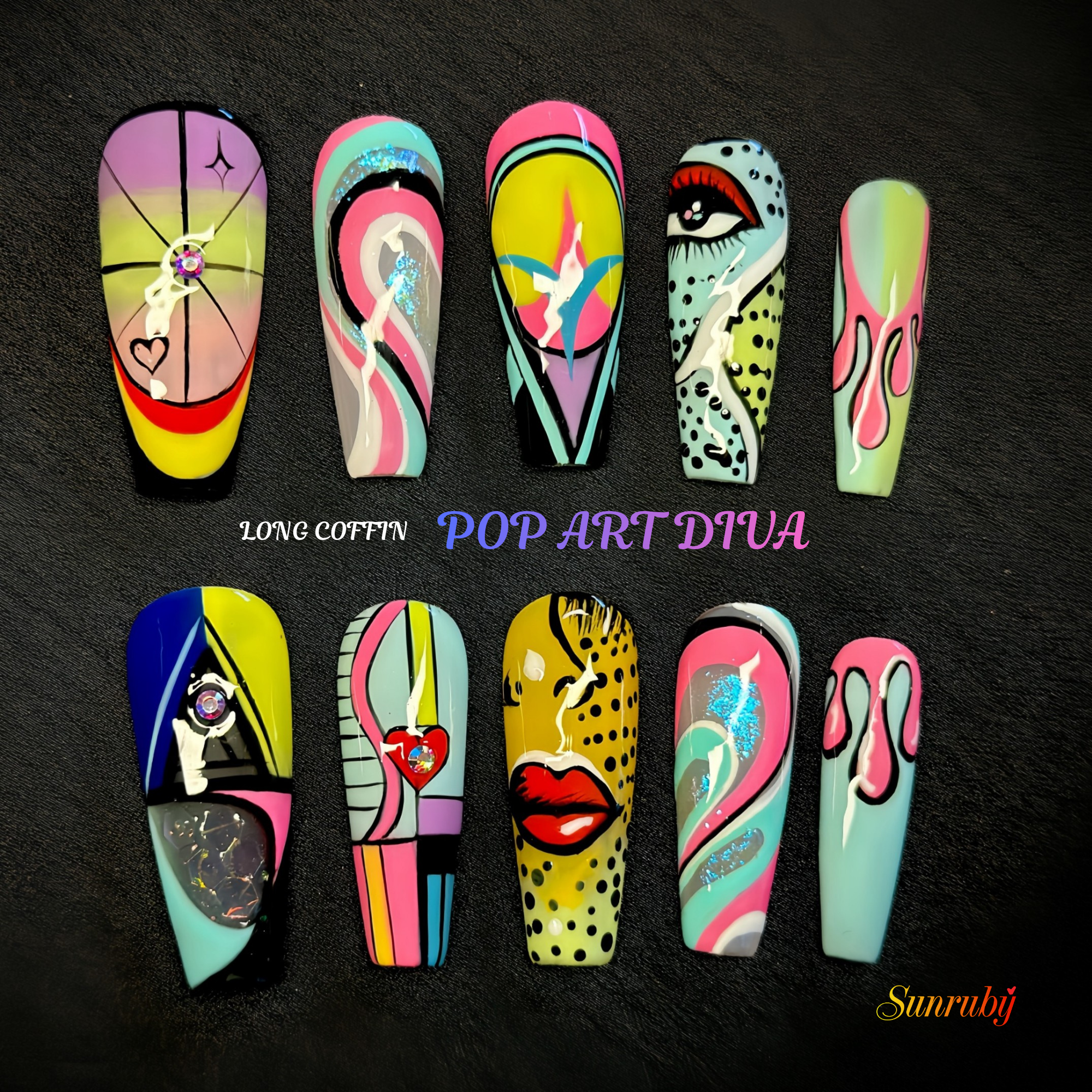Long Coffin Hand-Painted Press-On Nails | Luxury Pastel Pop-Art Design | Reusable 20pcs Kit