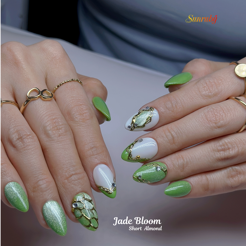Jade Bloom Press-On Nails – Short Almond | Green Chrome, White French & Gold Foil Accent | Hand-Painted Gel Reusable Set, 30 Nails, 15 Sizes