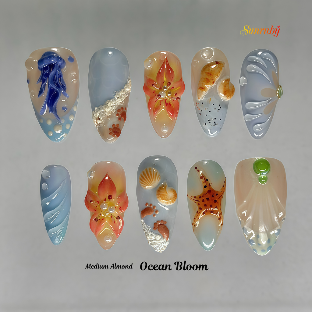 Ocean Bloom Press-On Nails – Medium Almond Sea Life Set, 3D Jellyfish, Shell & Starfish Design, Beach-Inspired Glossy Gel Nails |  Reusable 20pcs Kit