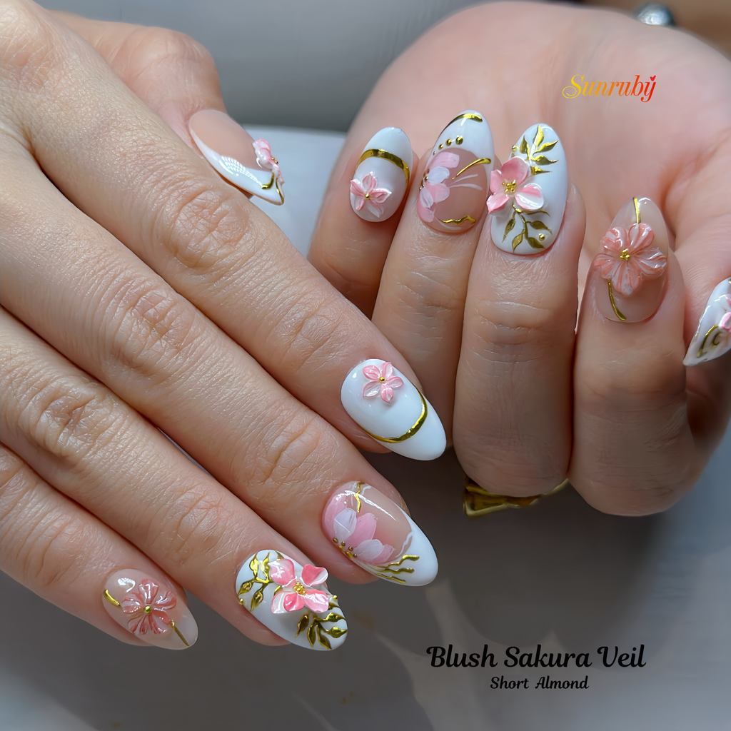 Blush Sakura Veil Press-On Nails –  Almond Nude Pink Set, 3D Cherry Blossom Floral Design, Gold Line Art Elegant Nails| Hand-Painted, Reusable 20pcs Kit