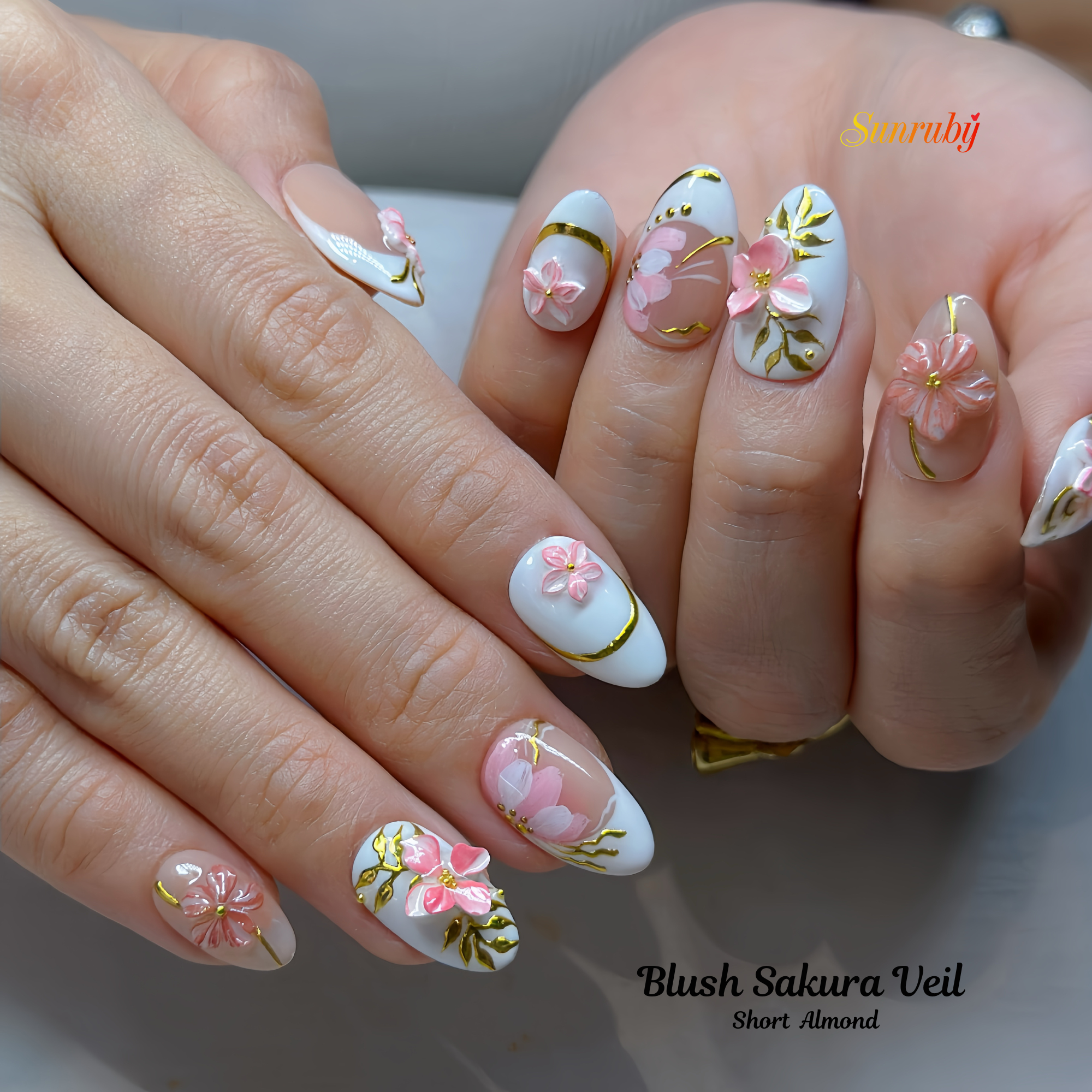 Blush Sakura Veil Press-On Nails –  Almond Nude Pink Set, 3D Cherry Blossom Floral Design, Gold Line Art Elegant Nails| Hand-Painted, Reusable 20pcs Kit