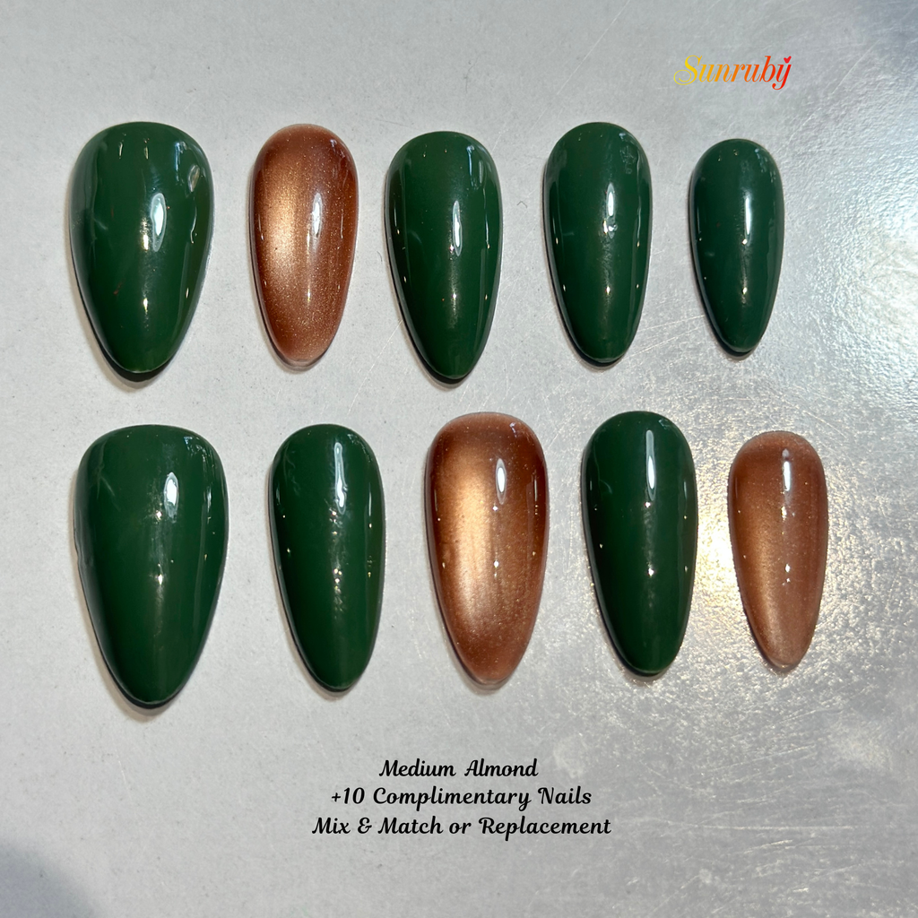 Swan Garden Press-On Nails – Medium Almond Green Chrome Set, 3D Floral & Swan Design, Luxury Nature-Inspired Glossy Nails |  Reusable 20pcs Kit
