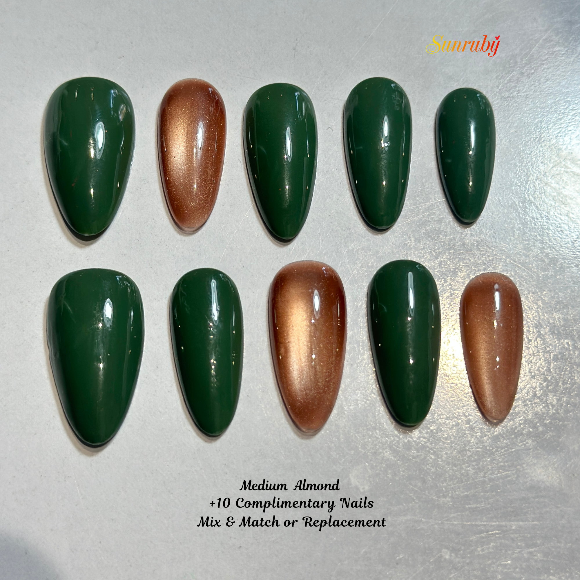 Swan Garden Press-On Nails – Medium Almond Green Chrome Set, 3D Floral & Swan Design, Luxury Nature-Inspired Glossy Nails |  Reusable 20pcs Kit