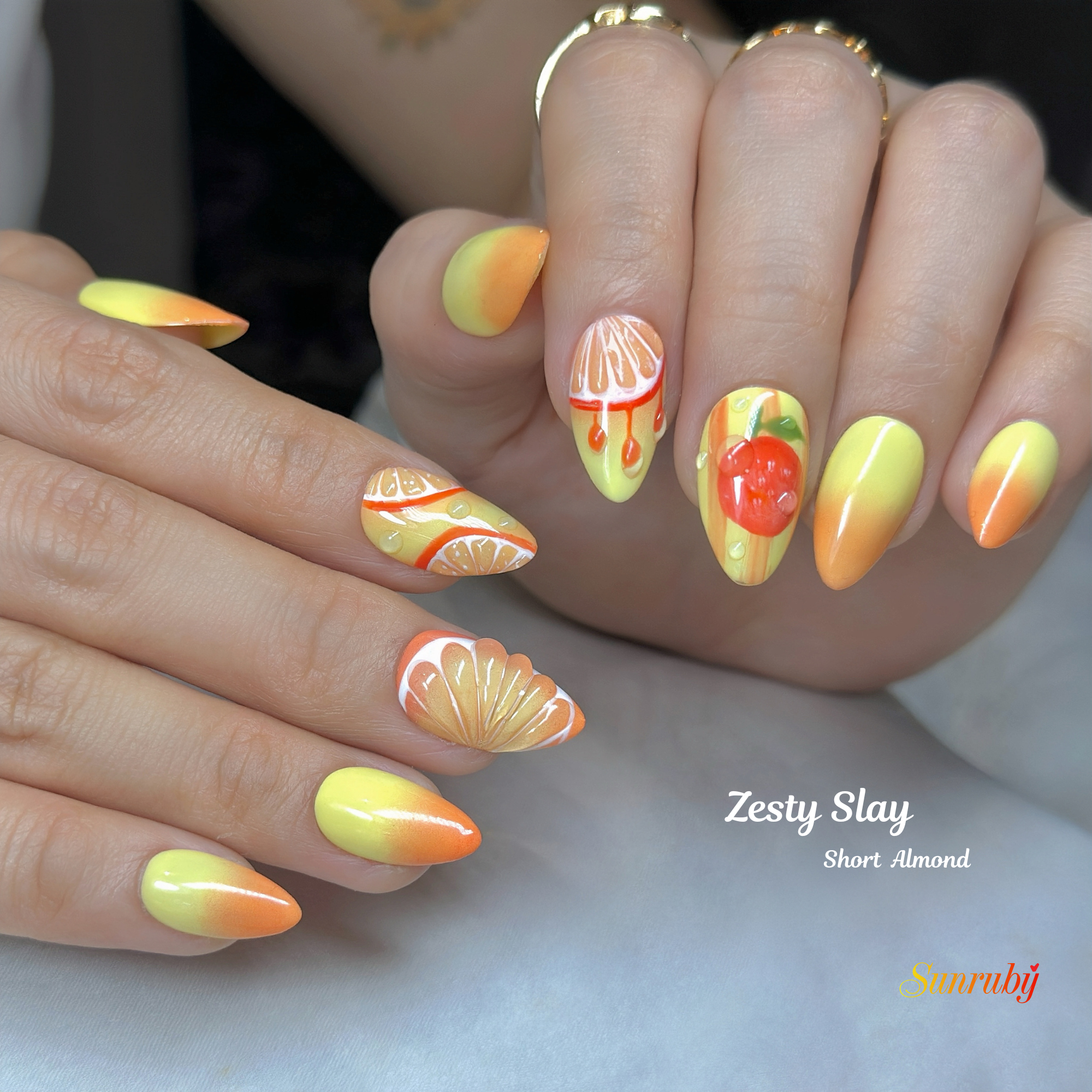 Zesty Slay 🍊 | Juicy 3D Orange & Citrus Ombré  | Short Almond –  30-Piece 15 sizes Reusable Set