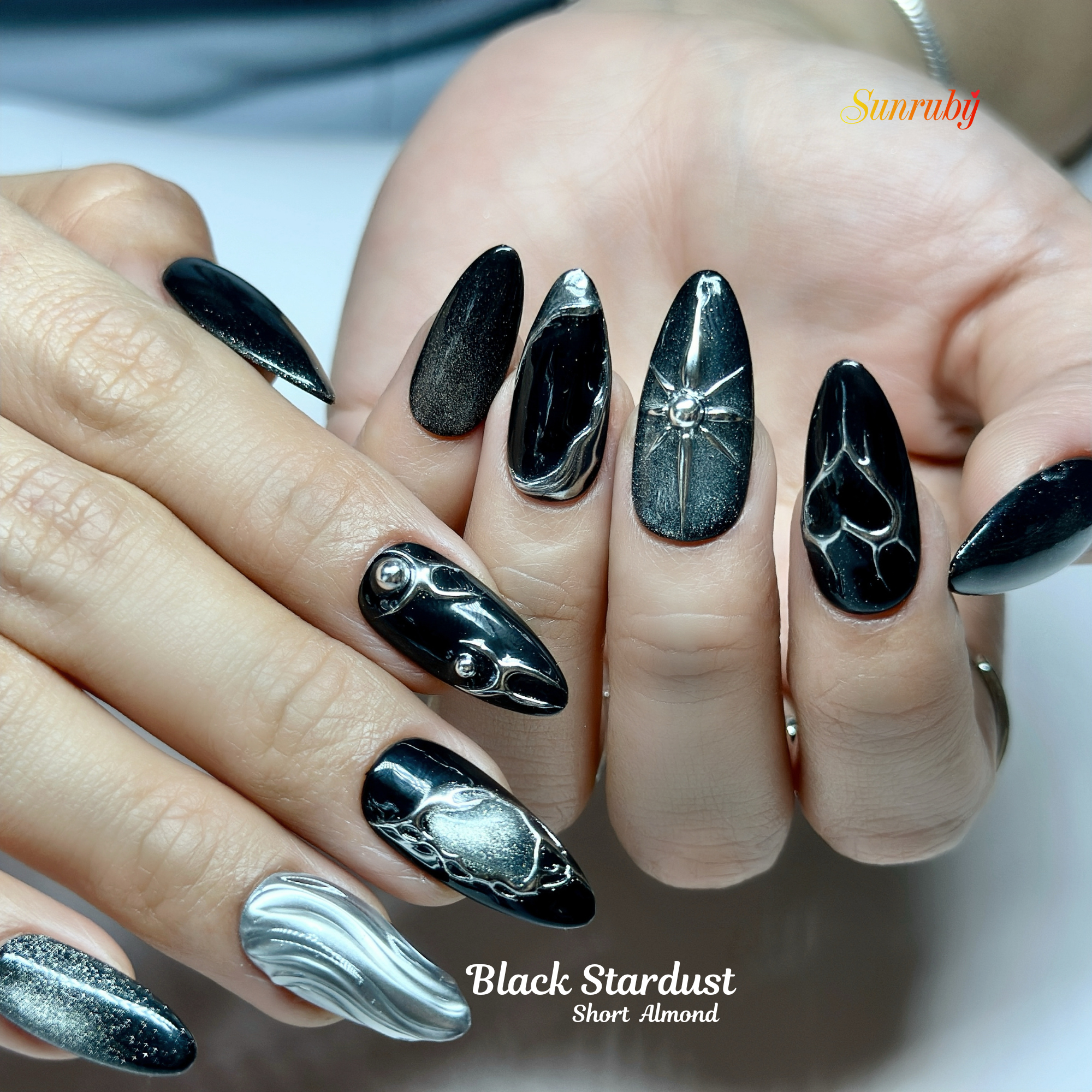 Black Stardust Press-On Nails – Short Almond | Glossy Black, Chrome Swirl & Galaxy Glitter| Hand-Painted Gel Reusable Set, 30 Nails, 15 Sizes