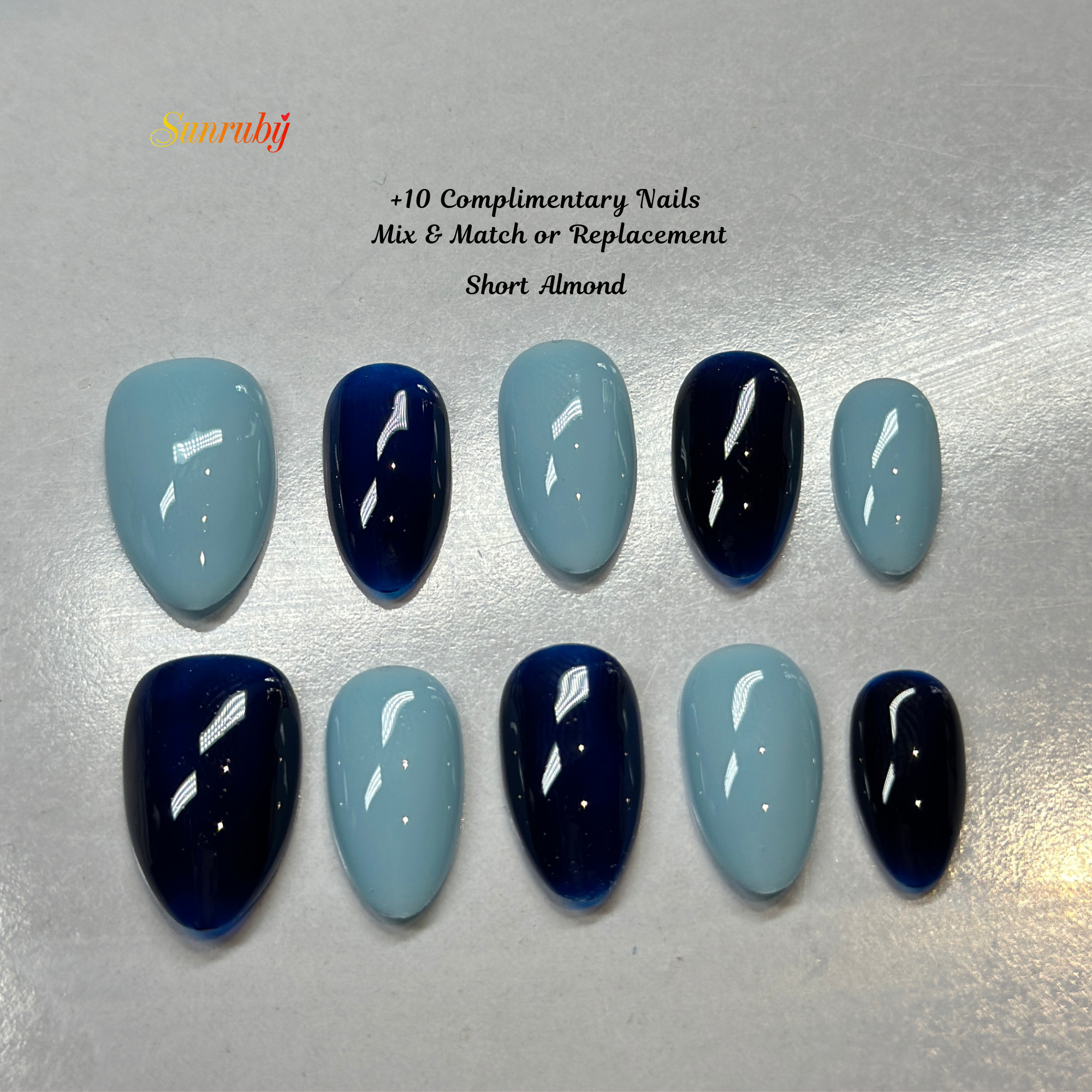 Blue Mirage Crystal Press-On Nails – Short Almond Ombre, 3D Flower & Star Design, Luxury Rhinestone Gel Nails | Hand-Painted, Reusable 20pcs Kit