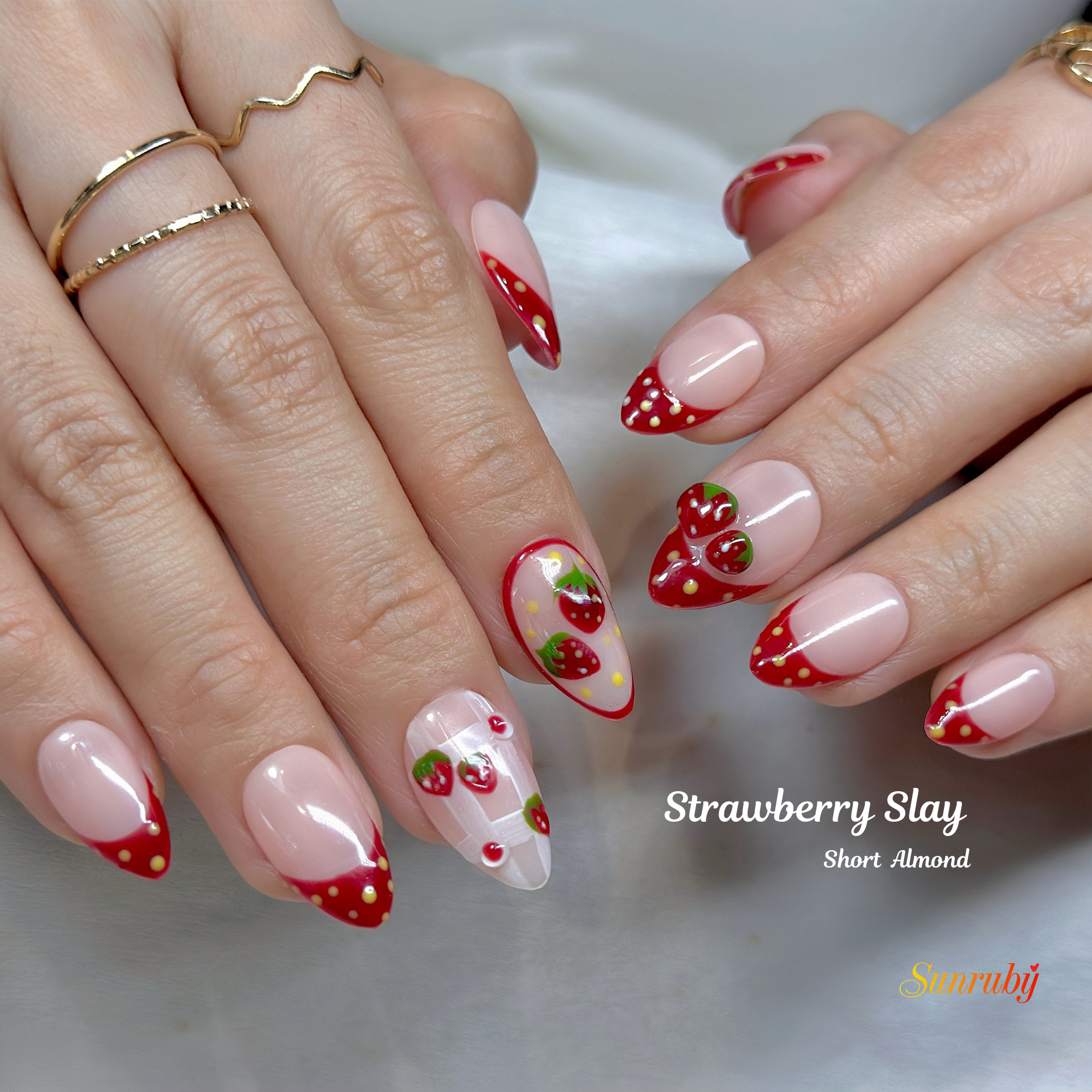 Strawberry Slay 🍓 | Sweet Gingham & 3D Fruit Frenchies| Short Almond –  30-Piece 15 sizes Reusable Set