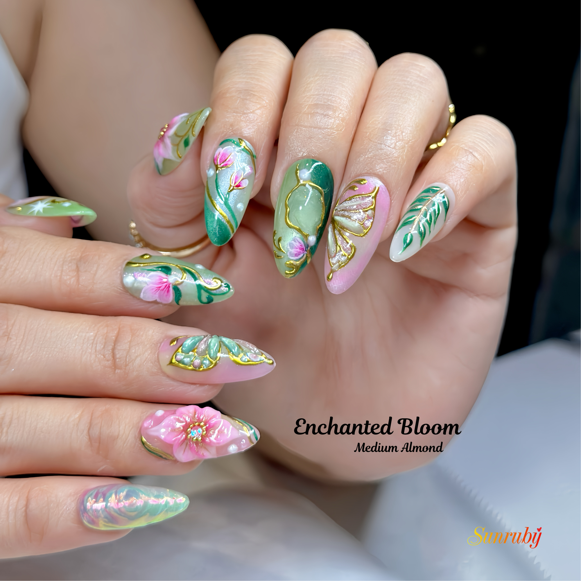 Enchanted Bloom Press-On Nails – Medium Almond Green & Pink Set, 3D Floral & Gold Line Art Design, Elegant Garden-Inspired Glossy Nails |  Reusable 20pcs Kit