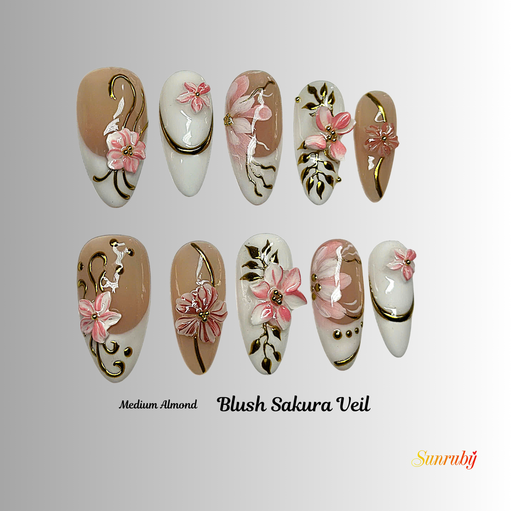 Blush Sakura Veil Press-On Nails –  Almond Nude Pink Set, 3D Cherry Blossom Floral Design, Gold Line Art Elegant Nails| Hand-Painted, Reusable 20pcs Kit