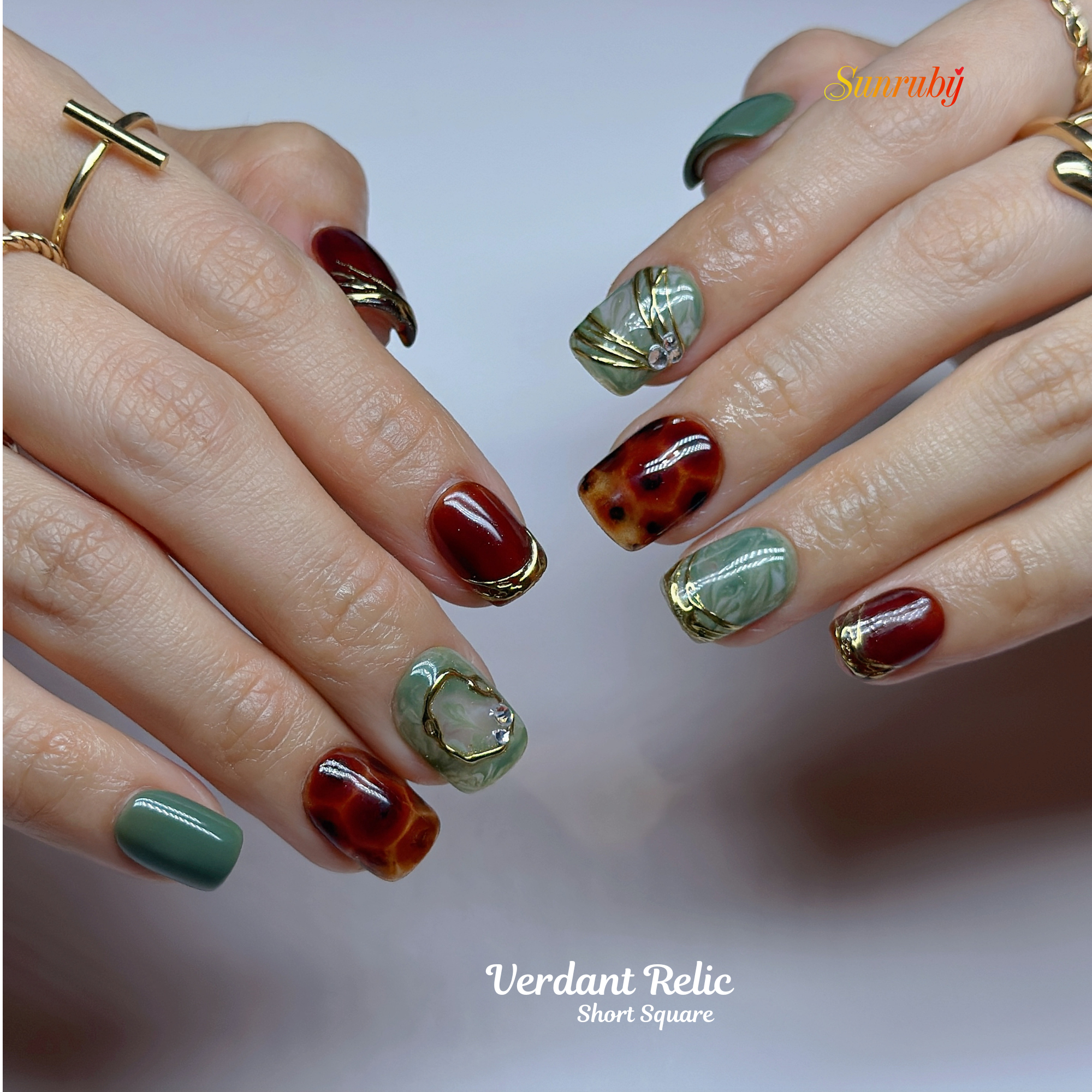 Verdant Relic Press-On Nails – Short Square | Green Marble, Tortoiseshell & Gold Accent | Hand-Painted Gel Reusable Set, 30 Nails, 15 Sizes