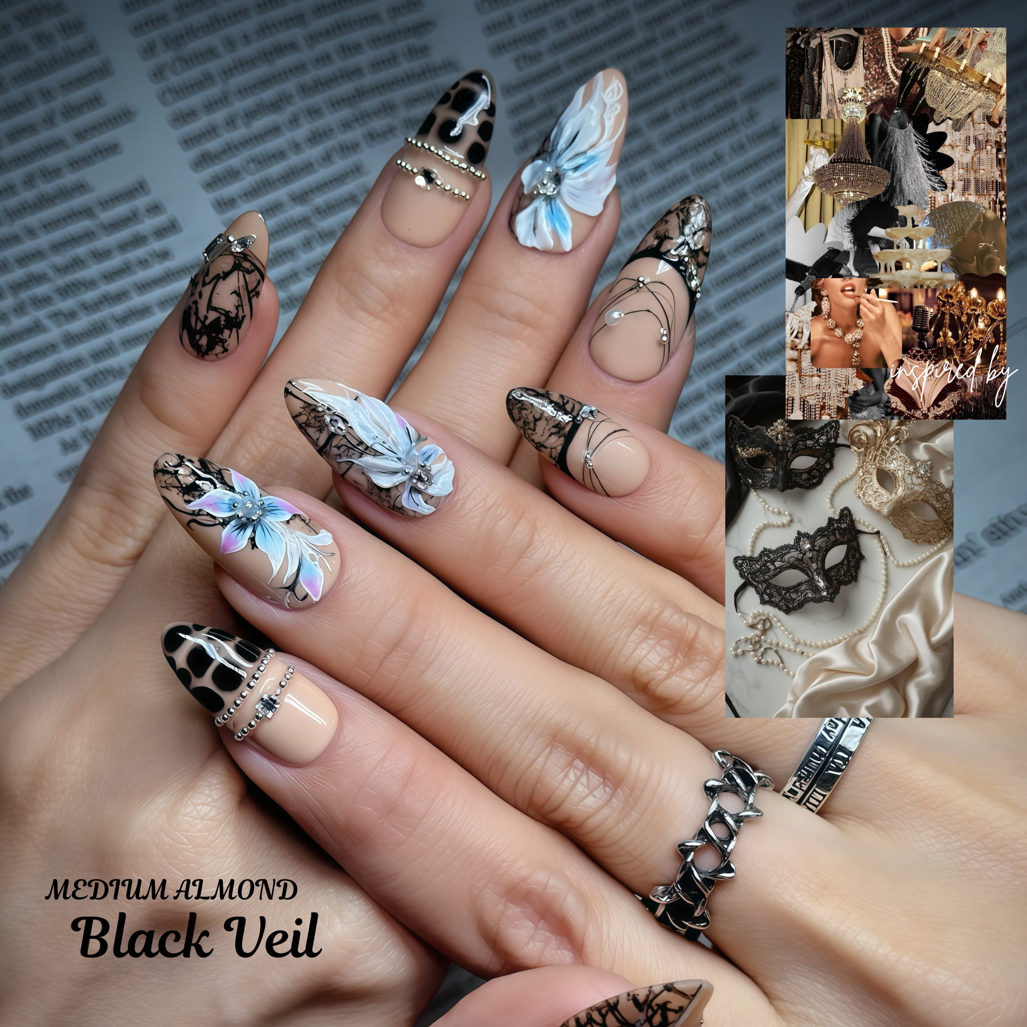 Press On Nails – Medium Almond Black Lace Floral Nail Art, Handmade Luxury Gothic Nails, Reusable Statement Nail Set | Reusable 20pcs Kit