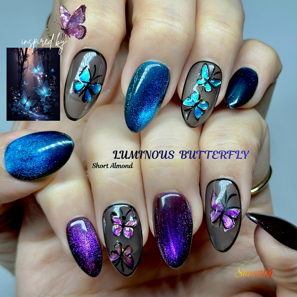 Almond Hand-Painted Press-On Nails – Blue & Purple Cat Eye with Butterfly Design | Luxury 20pcs Reusable Kit