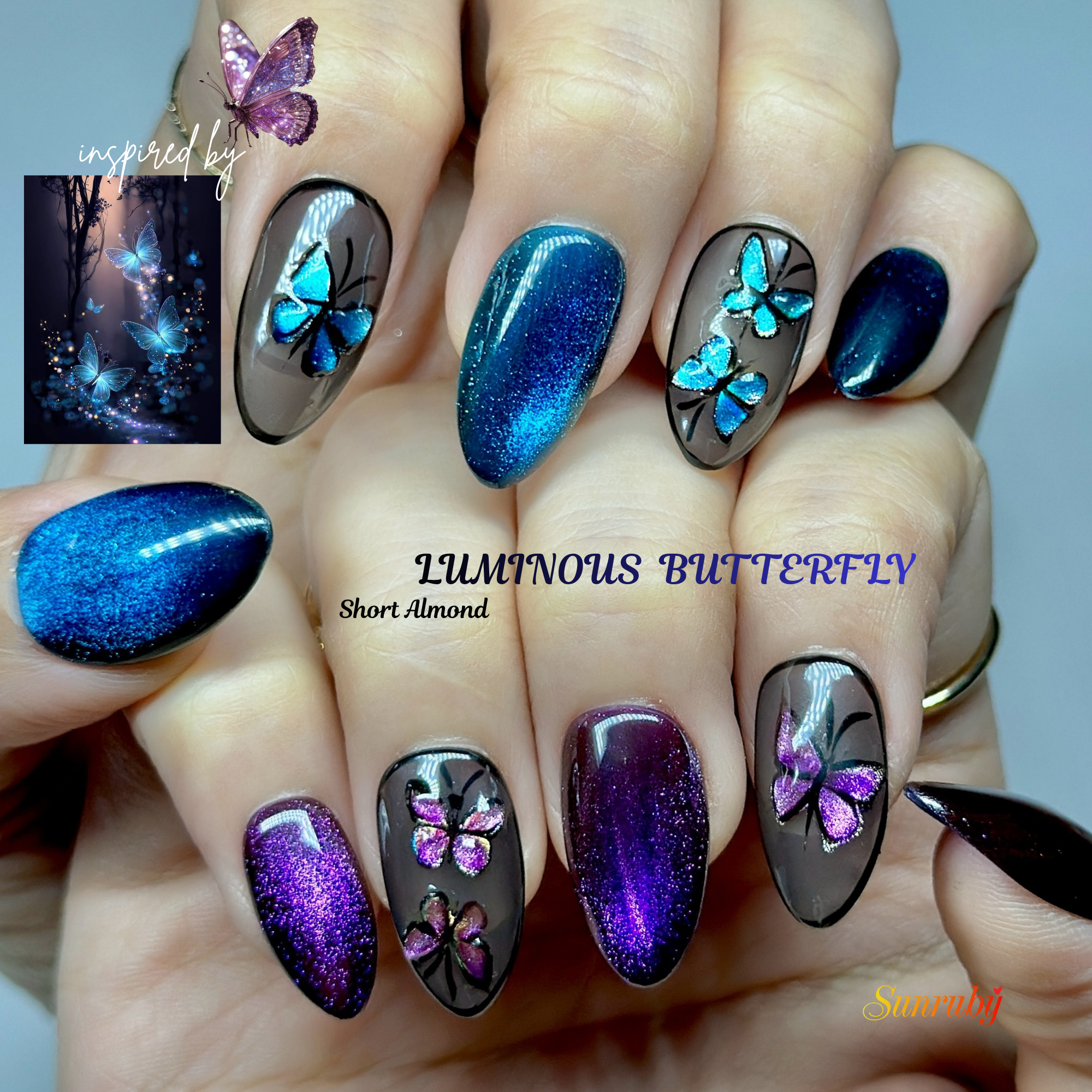 Almond Hand-Painted Press-On Nails – Blue & Purple Cat Eye with Butterfly Design | Luxury 20pcs Reusable Kit
